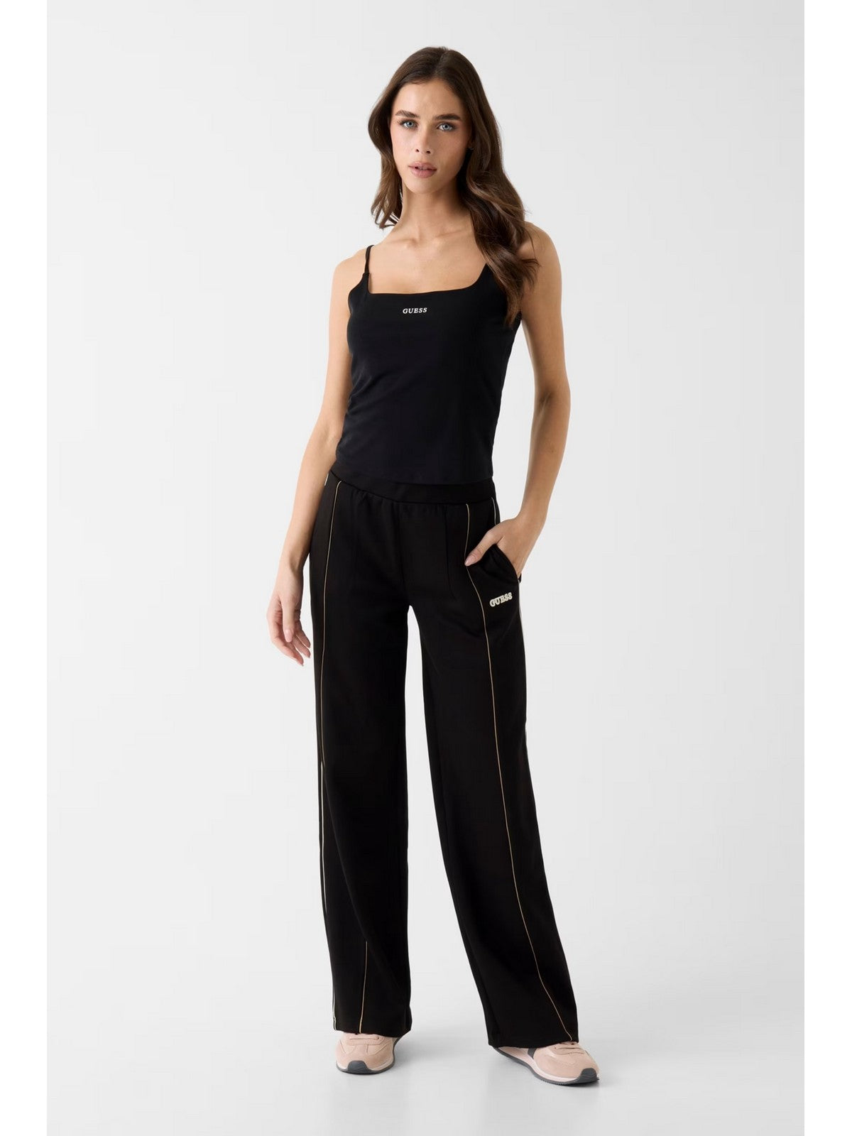 GUESS SPORT Pantalone Donna GEORGIA WIDE LEG PANTS V6RB00 KD852 JBLK Jet Black A996 gioboutiqueweb