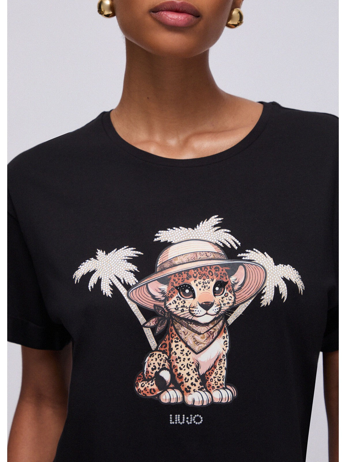 LIU JO BEACHWEAR T-shirt Donna VA6170JS003 P9494 Nero/small leopard gioboutiqueweb