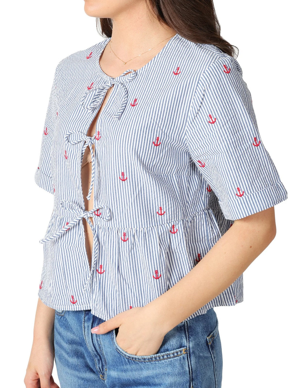 MC2 SAINT BARTH Blusa Donna ALYSON 00471L SEERSUCKER STRIPES V ANCHOR 61 EMB gioboutiqueweb