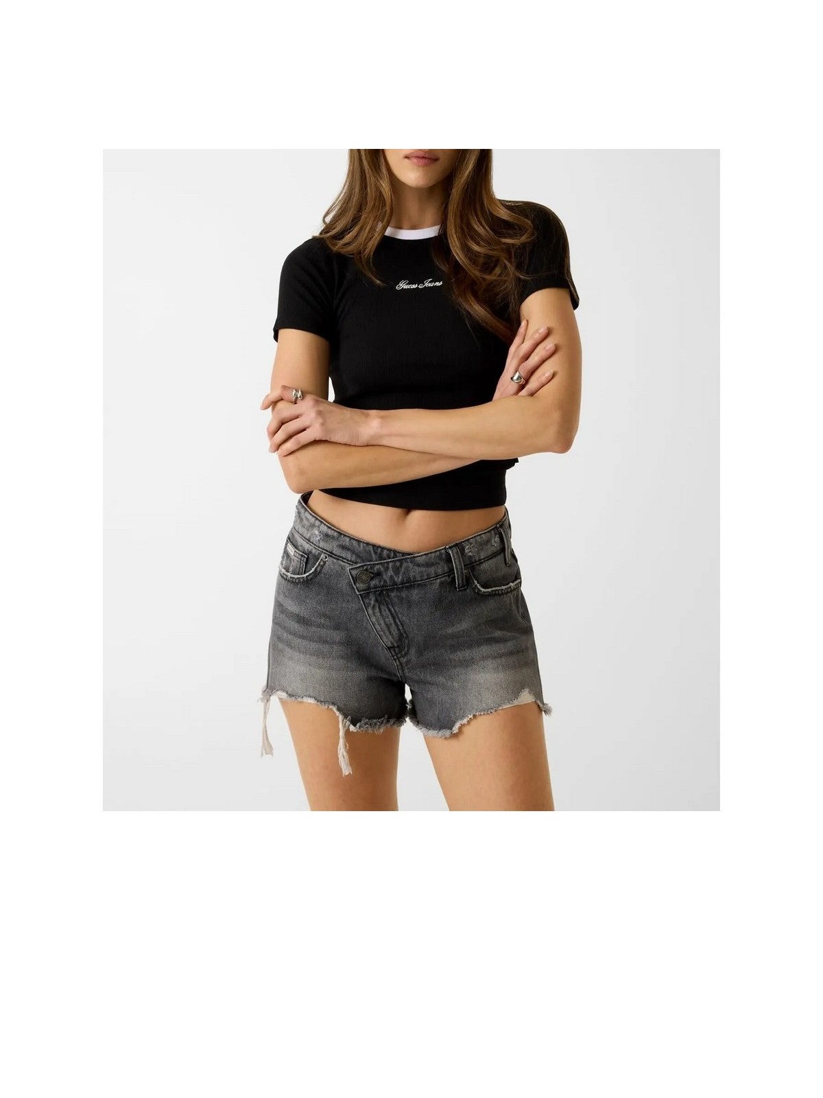 GUESS T-shirt Donna GJ SL CN EMBRO RINGER TEE W6GPA9 KF641 JBLK Jet Black A996 gioboutiqueweb