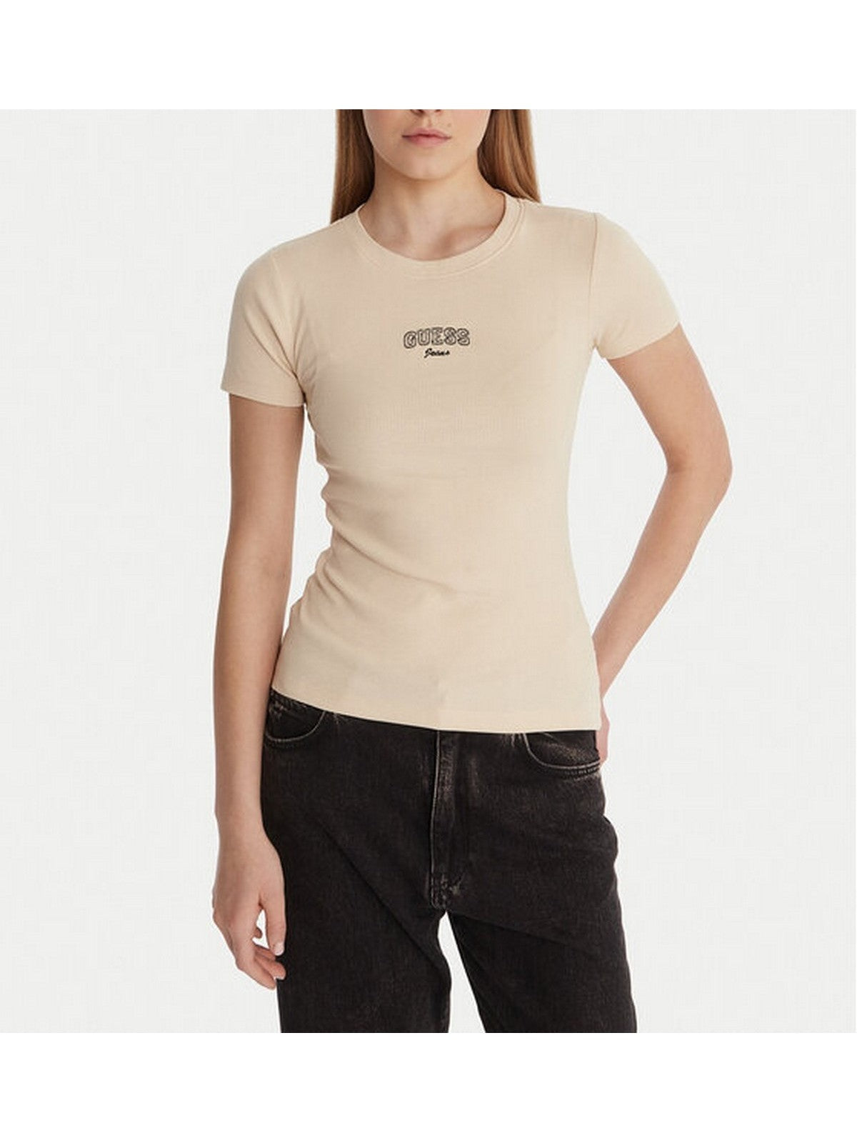 GUESS T-shirt Donna GJ SL CN EMBRO SLIM TEE W6RP21 KA0H1 G1W7 BISCOTTI gioboutiqueweb