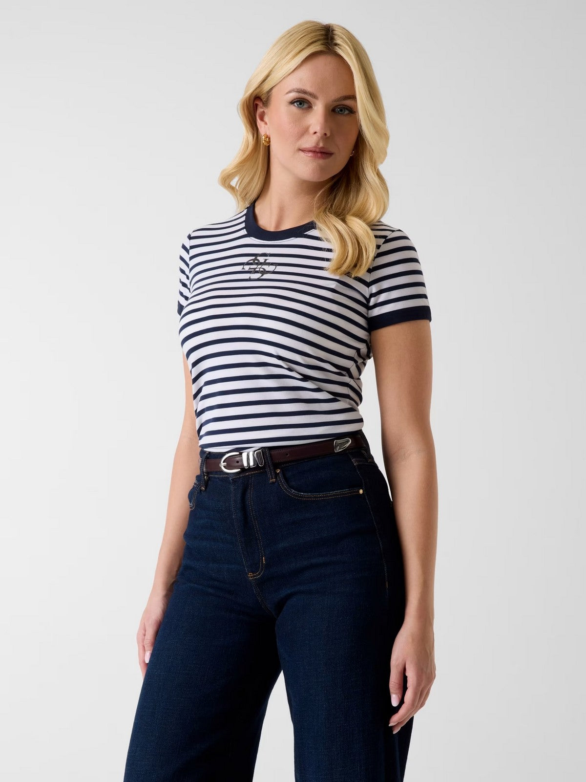GUESS T-shirt Donna SS CN STRIPED MINI 4G LOGO TEE W6GI18 K3040 SM1L BLACKENED BLUE AND W
