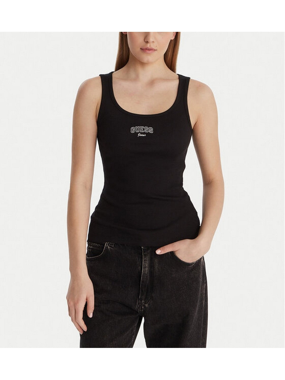 GUESS Canotta Donna GJ TANK TOP SLIM RIB EMBRO W6RP20 KA0H1 JBLK Jet Black A996 gioboutiqueweb