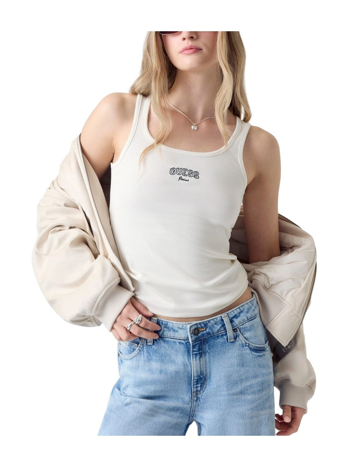 GUESS Canotta Donna GJ TANK TOP SLIM RIB EMBRO W6RP20 KA0H1 G053 SANDY SHORE gioboutiqueweb