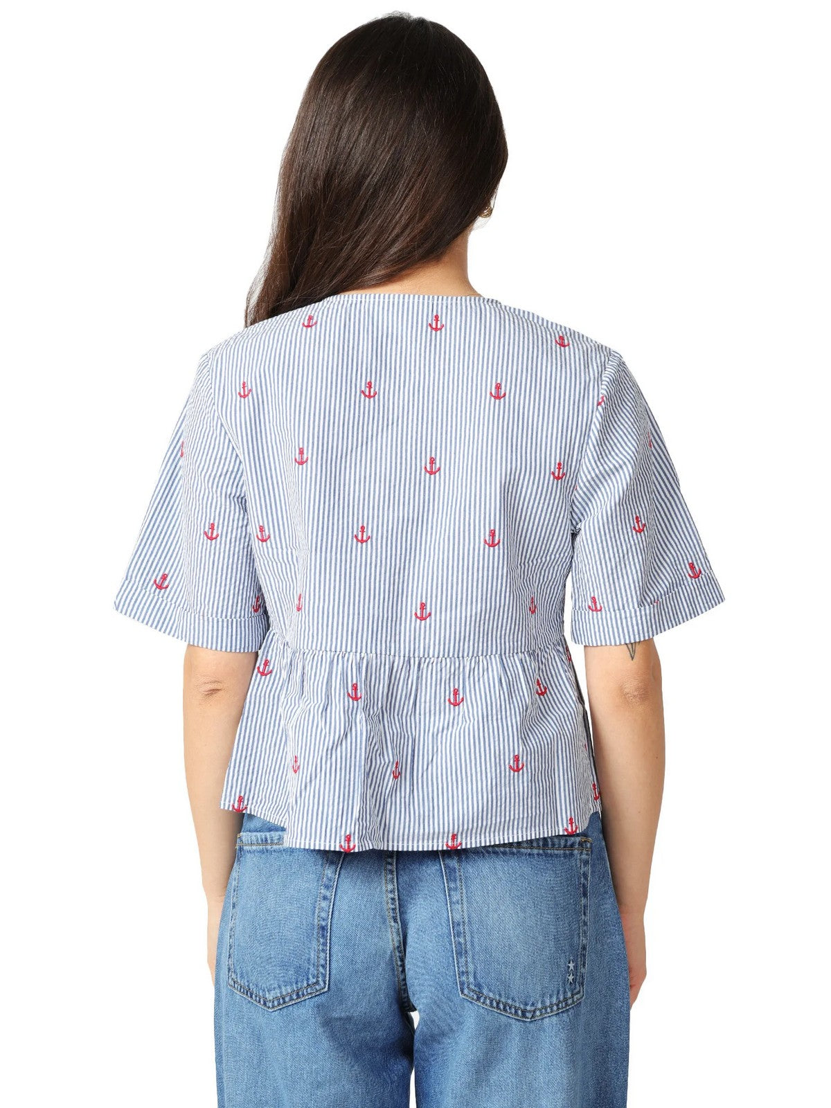 MC2 SAINT BARTH Blusa Donna ALYSON 00471L SEERSUCKER STRIPES V ANCHOR 61 EMB gioboutiqueweb