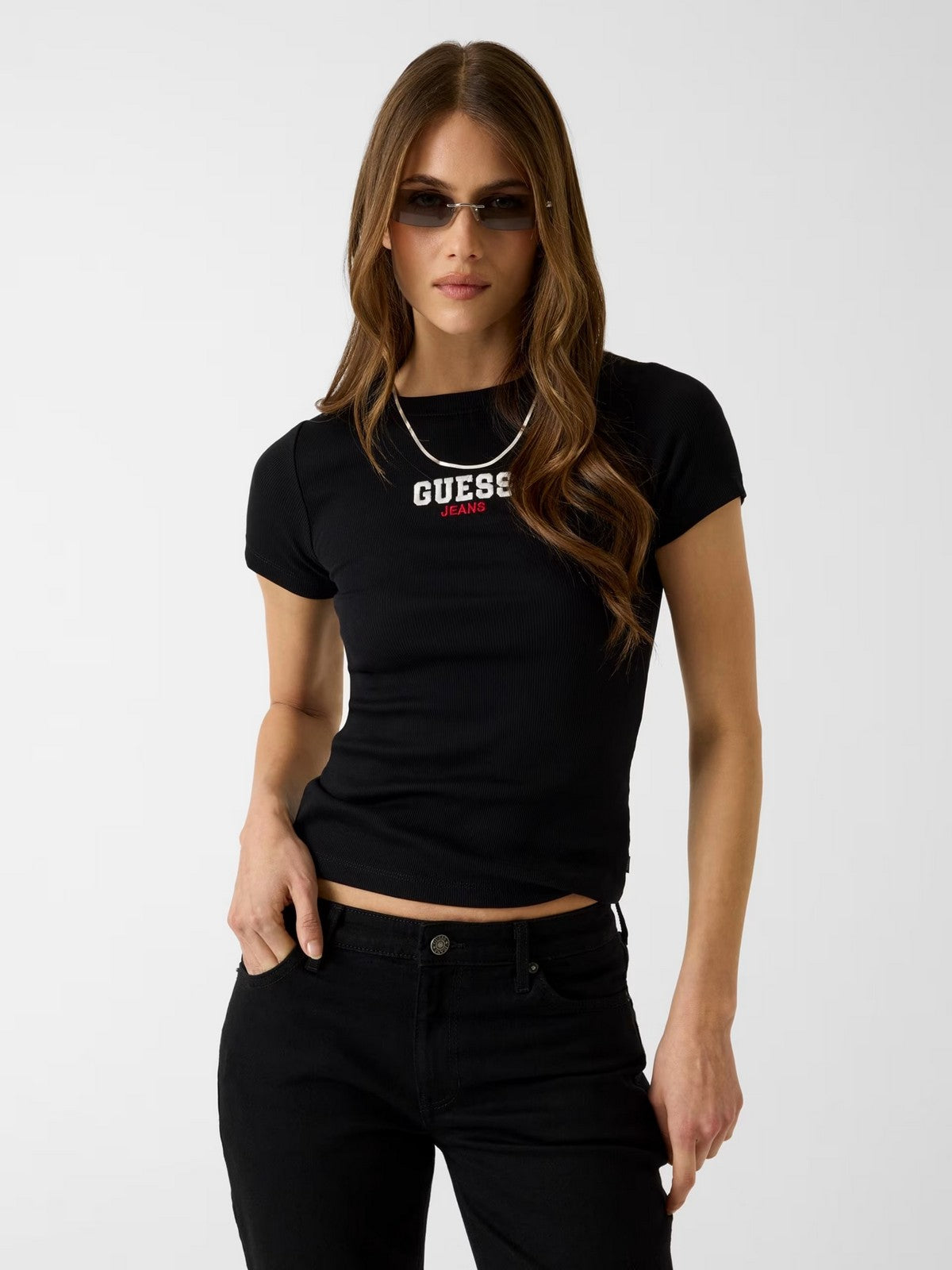 GUESS T-shirt Donna GJ SS CN SLIM RIB EMB TEE W4YI64 KA0H1 JBLK Jet Black A996 gioboutiqueweb