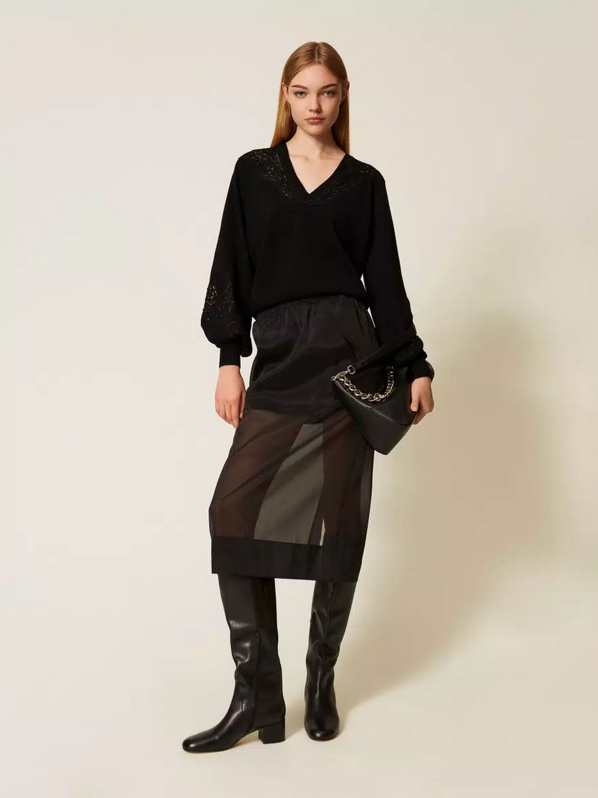 TWINSET Maglione Donna MIX VISCOSE & MESH EMBROIDERED INTARSIA 252TT3440 00006 Nero gioboutiqueweb