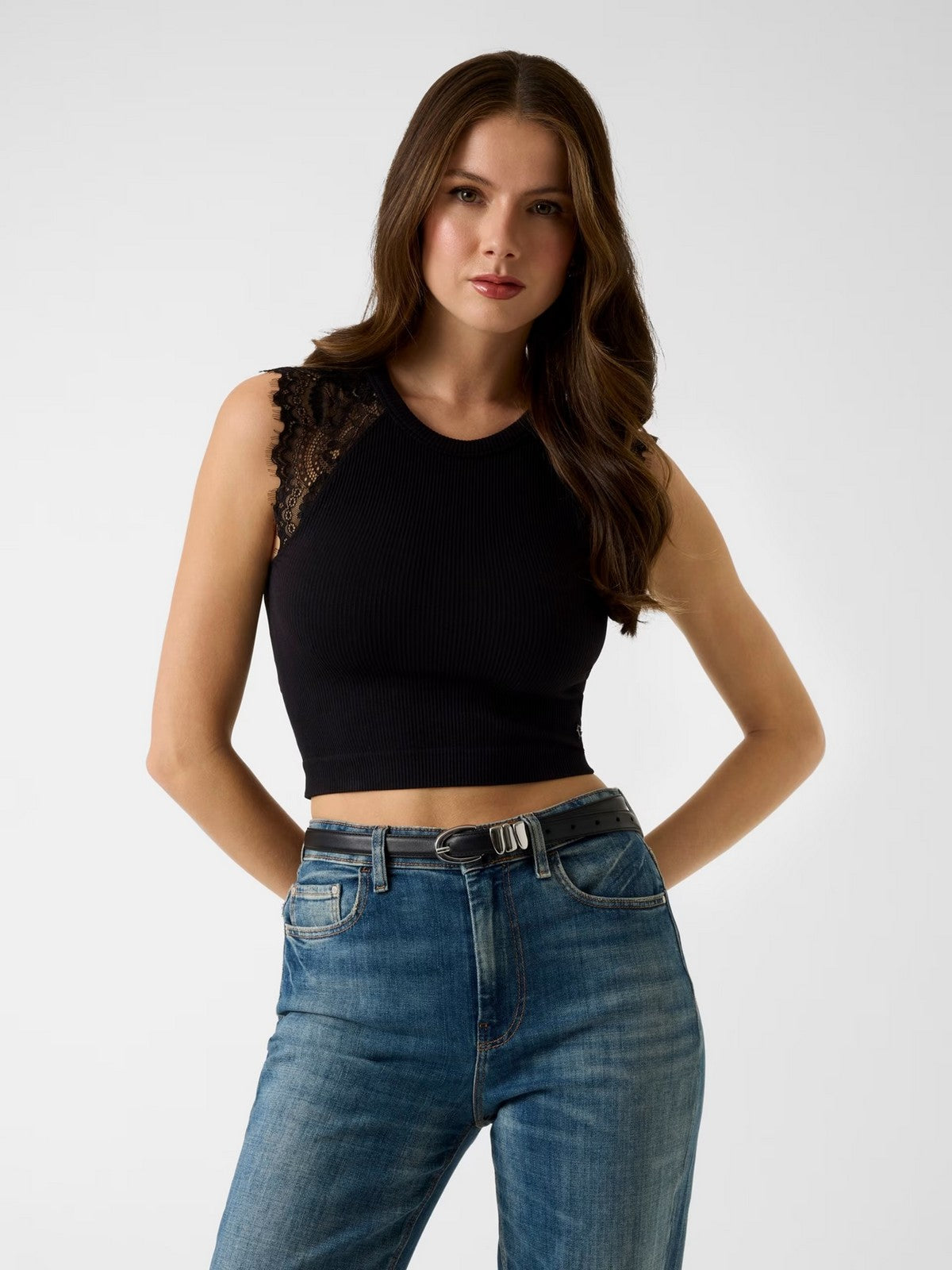 GUESS Top Donna MILLIE SEAMLESS LACE SWTR TOP W6GZ01 Z0606 JBLK Jet Black A996