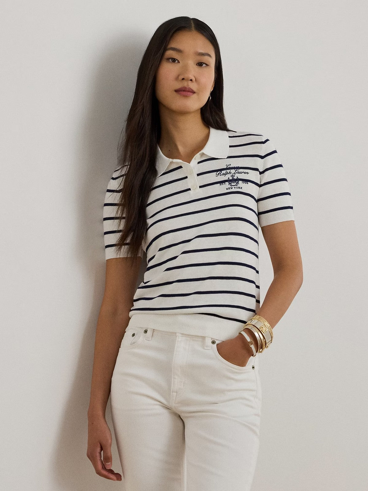 LAUREN RALPH LAUREN Damska koszulka polo NATRISSA-KRÓTKI RĘKAW-PULLOVER 200P03506 001 BIAŁY/GRANATOWY