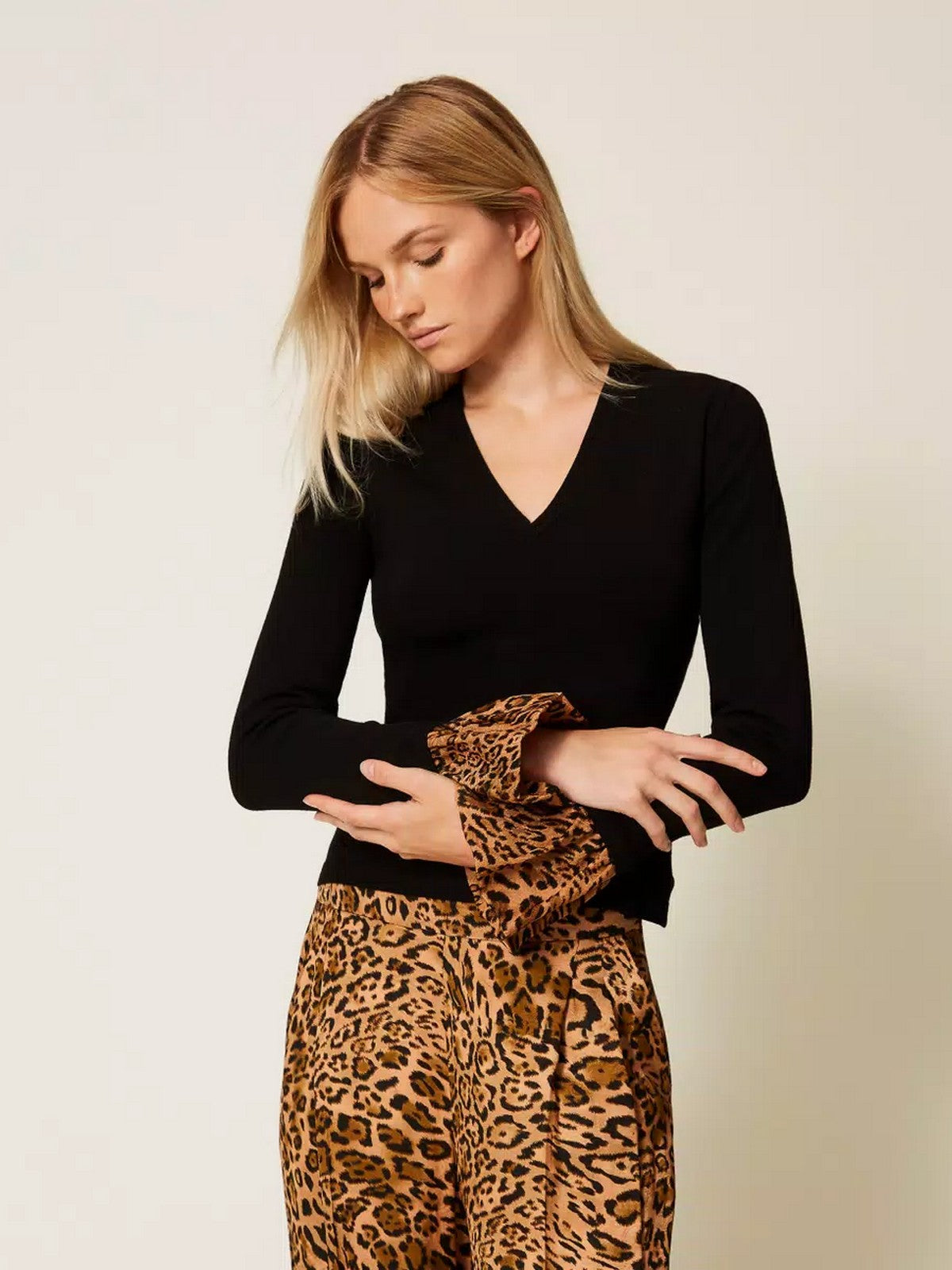 TWINSET Maglia Donna VISCOSE STRETCH & PRINTED FABRIC 252TP3154 12754 NERO/ST.ANIMALIER COFFEE/LAND