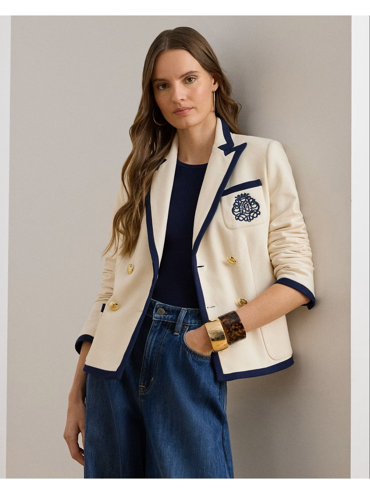 LAUREN RALPH LAUREN Giacca Donna KNIT-BLAZER/SPORT COAT 200P09081 001 MASCARPONE CREAM/REFINED NAVY