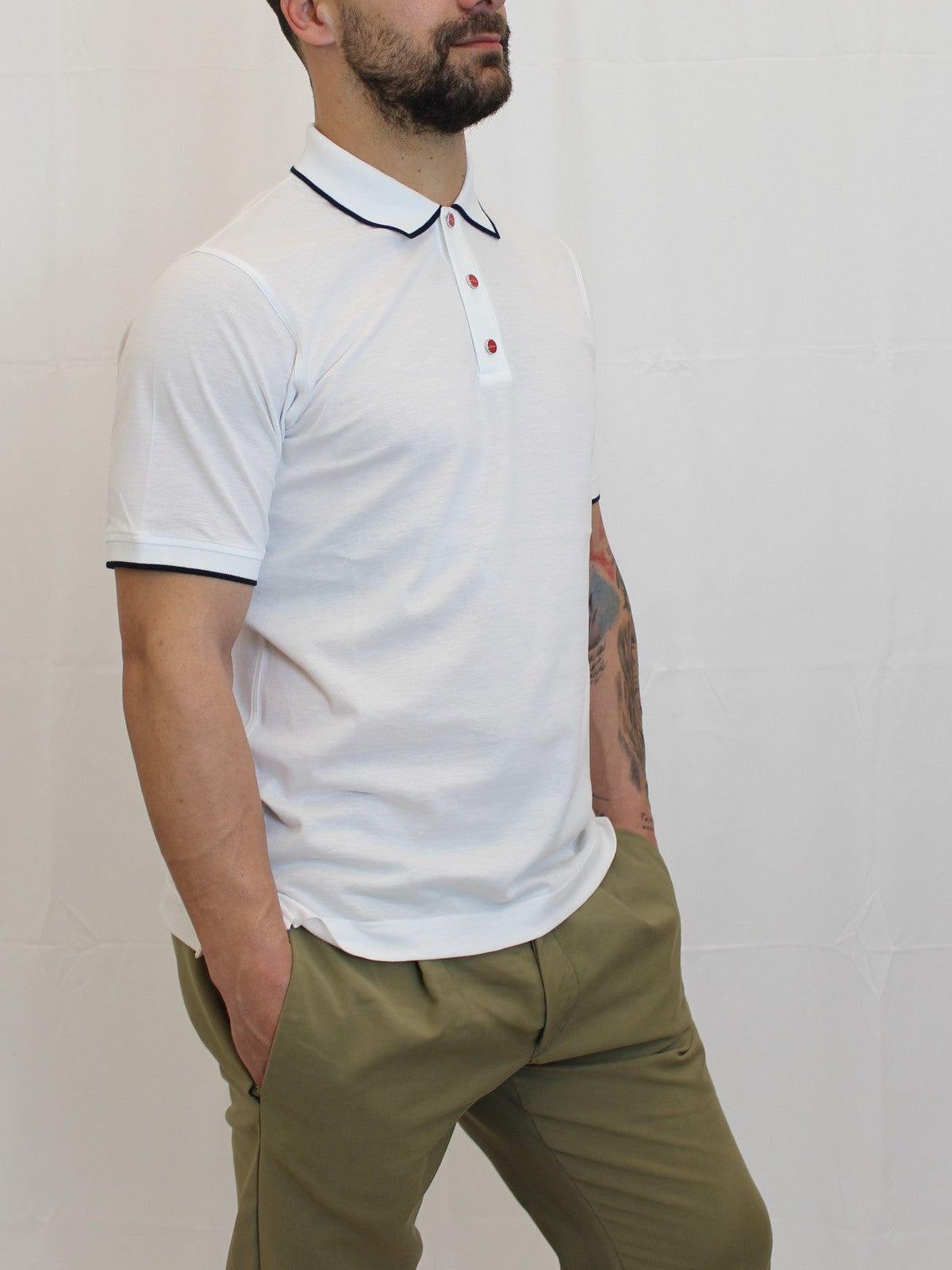 KITON Polo Uomo UMK1369A0011002 WHITE/BLUE Bianco gioboutiqueweb