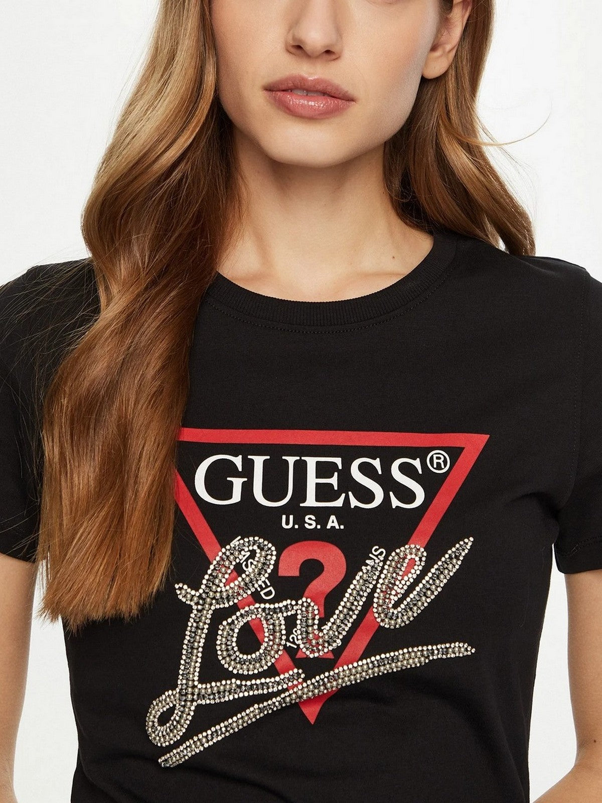 GUESS T-shirt Donna SS CN TRIANGLE LOVE TEE W5RI10 I3Z14 JBLK Nero gioboutiqueweb