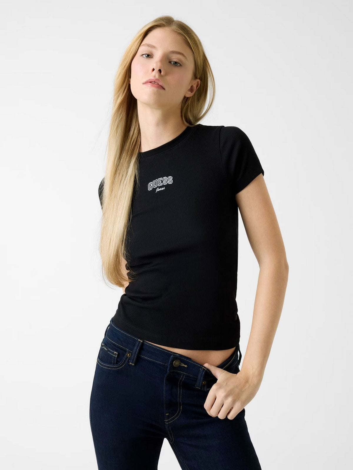 GUESS T-shirt Donna GJ SL CN EMBRO SLIM TEE W6RP21 KA0H1 JBLK Jet Black A996 gioboutiqueweb