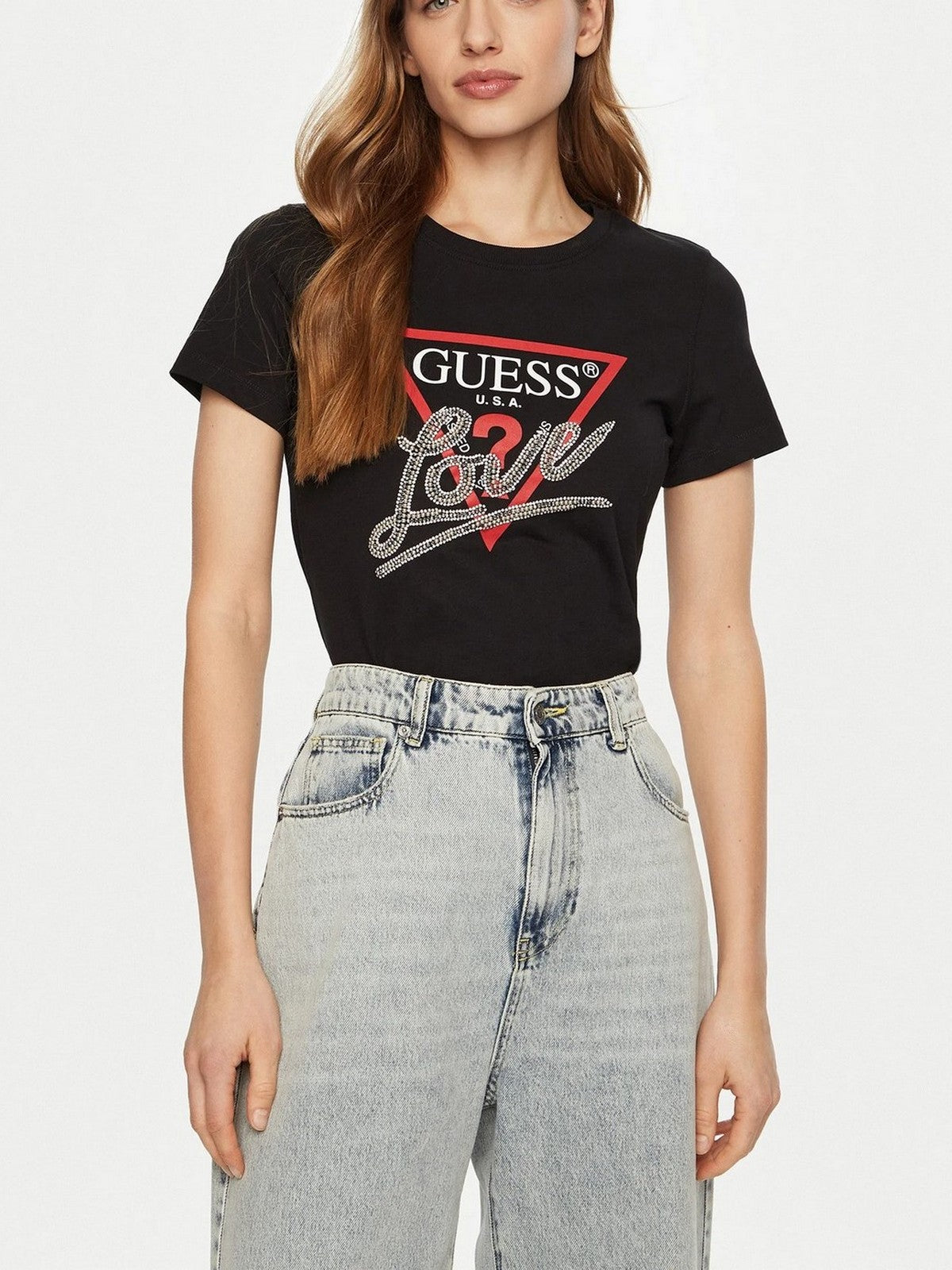 GUESS T-shirt Donna SS CN TRIANGLE LOVE TEE W5RI10 I3Z14 JBLK Nero gioboutiqueweb