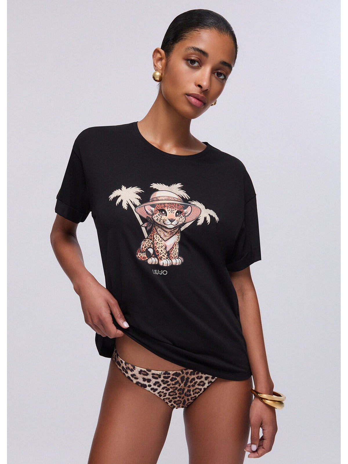 LIU JO BEACHWEAR T-shirt Donna VA6170JS003 P9494 Nero/small leopard gioboutiqueweb