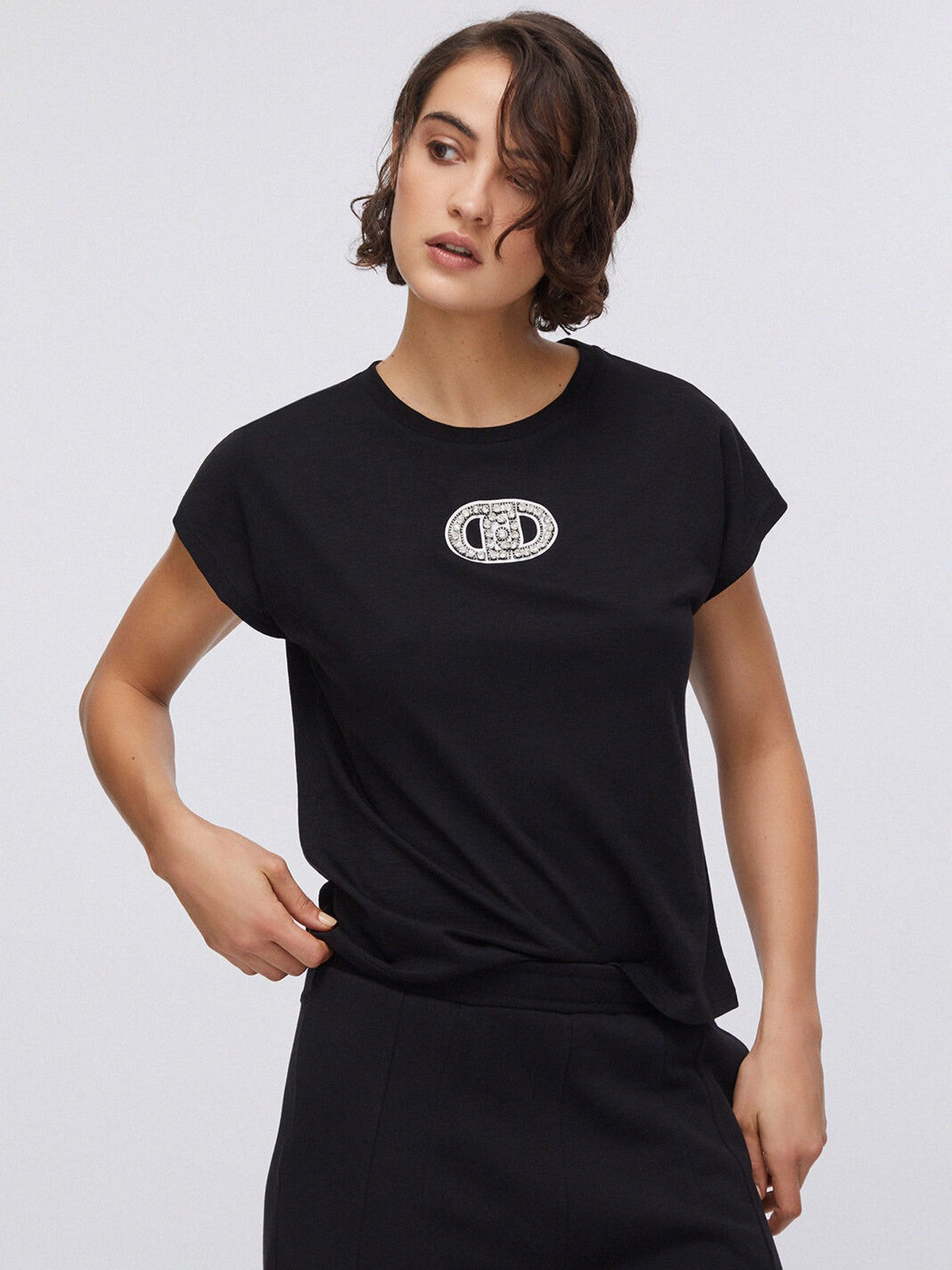 LIU JO SPORT T-shirt Donna TA6164JS870 P9298 Nero/logo strass gioboutiqueweb