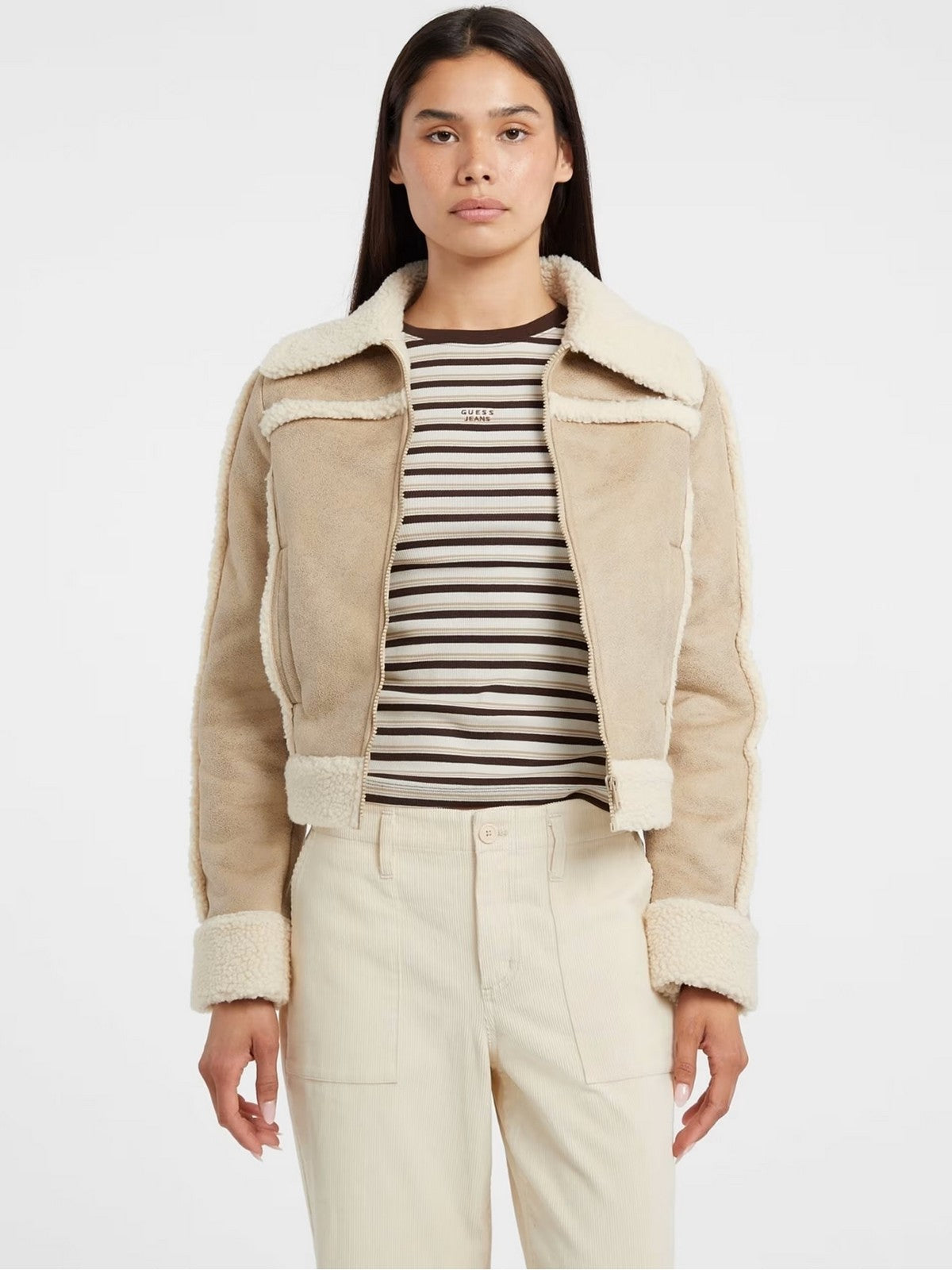 GUESS Giubbino Donna GJ FAUX SHEARLING JKT W5BL13 W1862 A117 SAFARI TAN