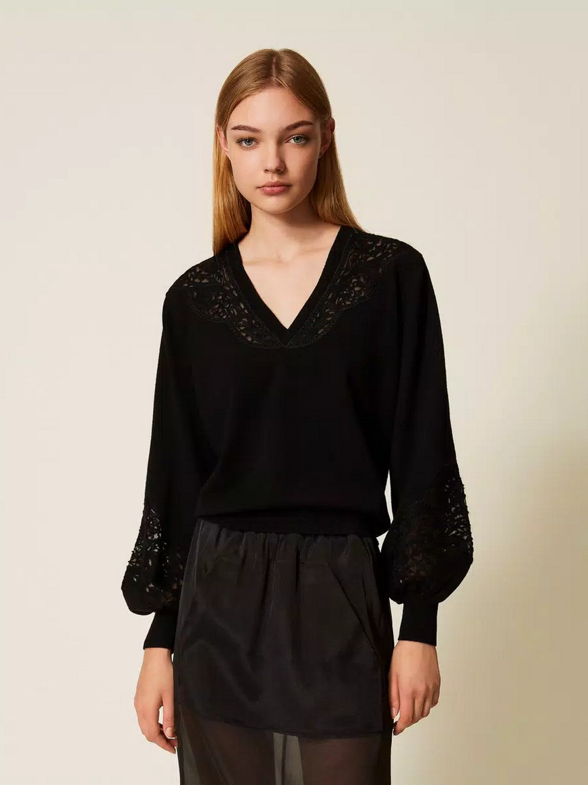 TWINSET Maglione Donna MIX VISCOSE & MESH EMBROIDERED INTARSIA 252TT3440 00006 Nero gioboutiqueweb