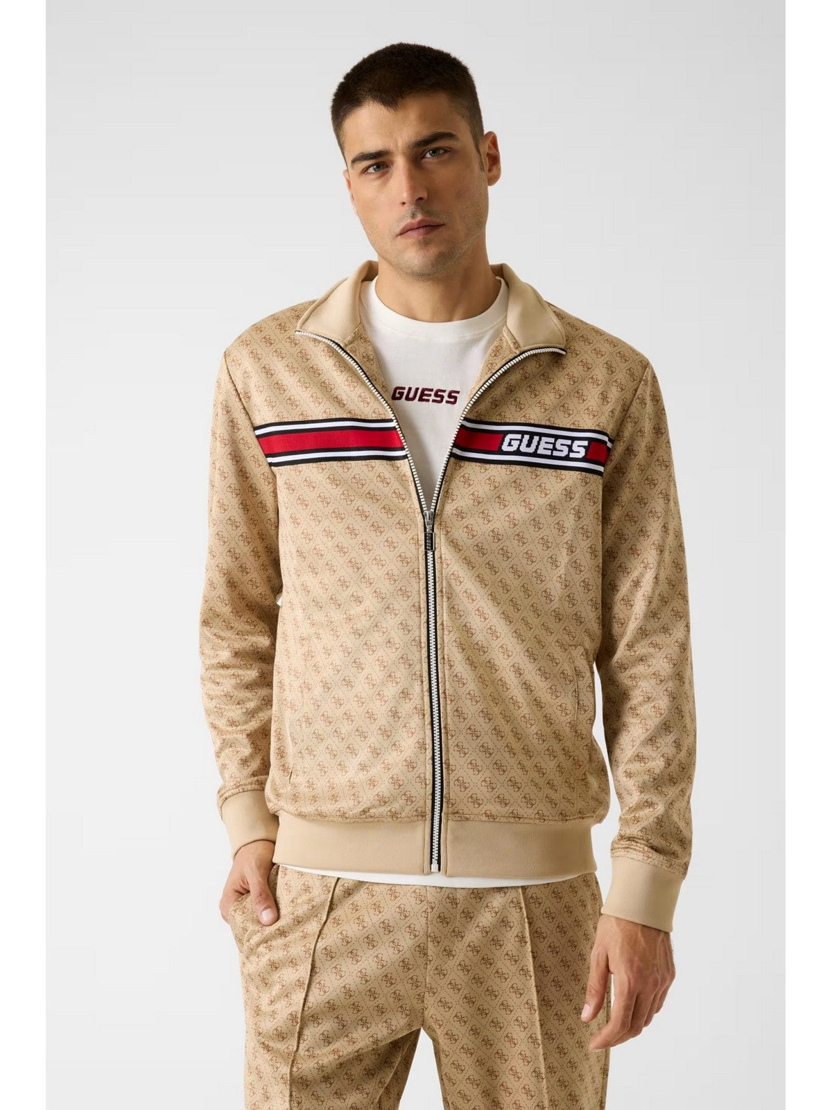 GUESS SPORT Felpa Uomo KORBIN FULL ZIP TRACKSUIT Z2BQ06 K7122 P13W 4G AOP BEIGE BLANCO gioboutiqueweb