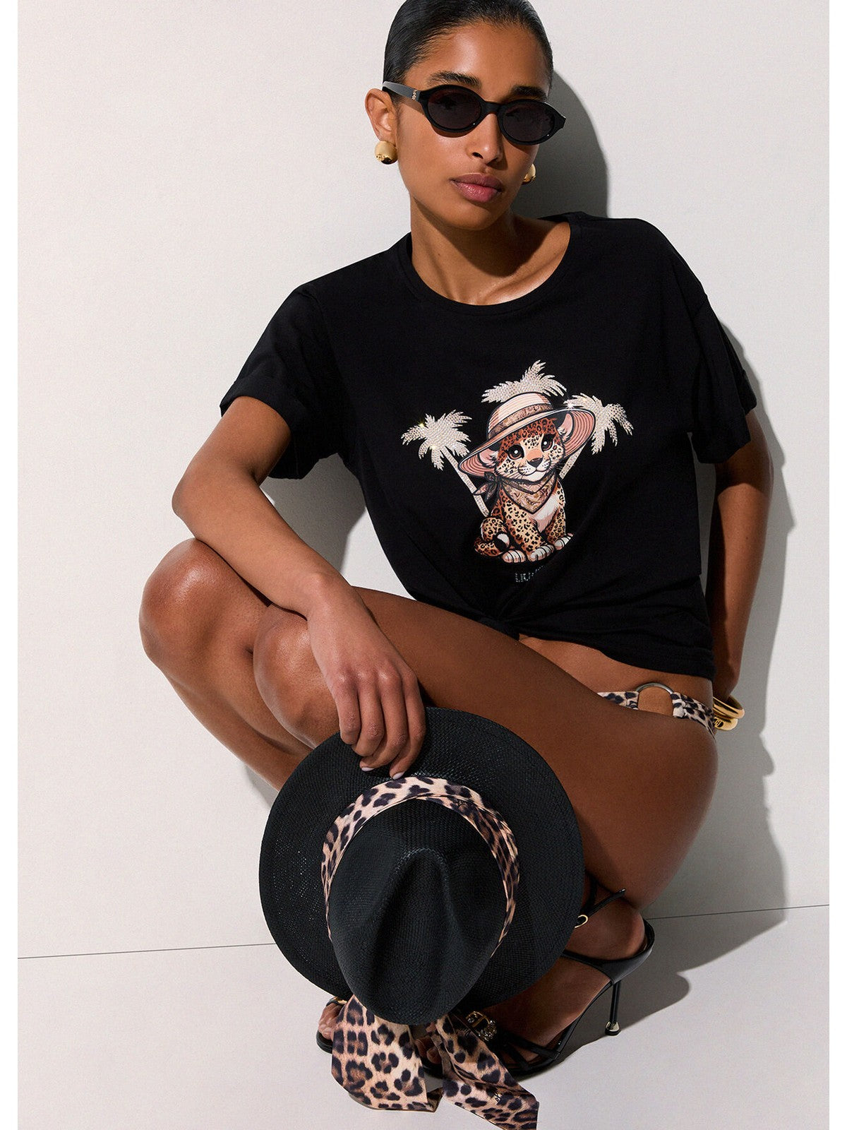 LIU JO BEACHWEAR T-shirt Donna VA6170JS003 P9494 Nero/small leopard gioboutiqueweb