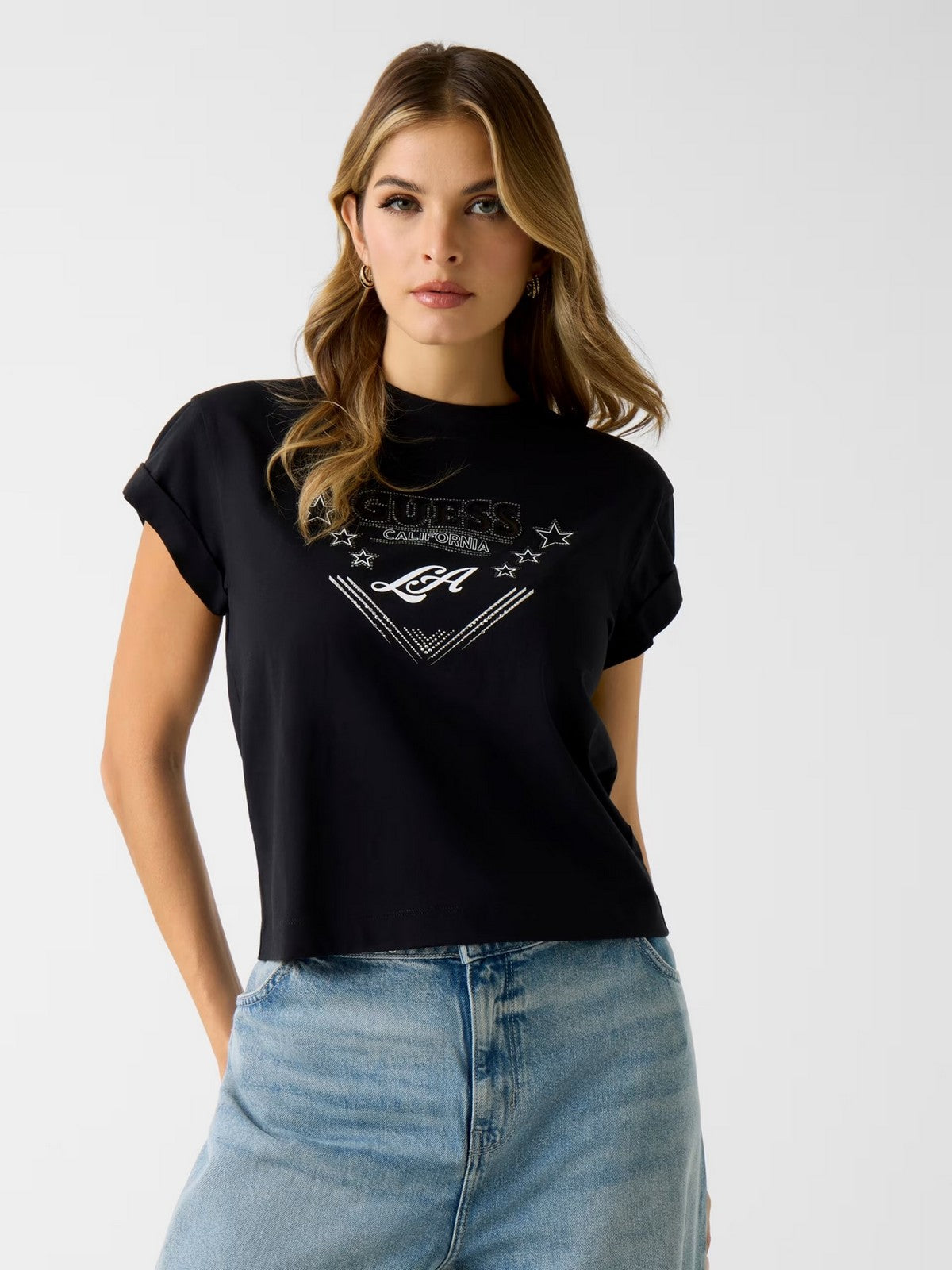 GUESS T-shirt Donna SS CN LA STARS TEE W6RI30 I3Z14 JBLK Jet Black A996 gioboutiqueweb