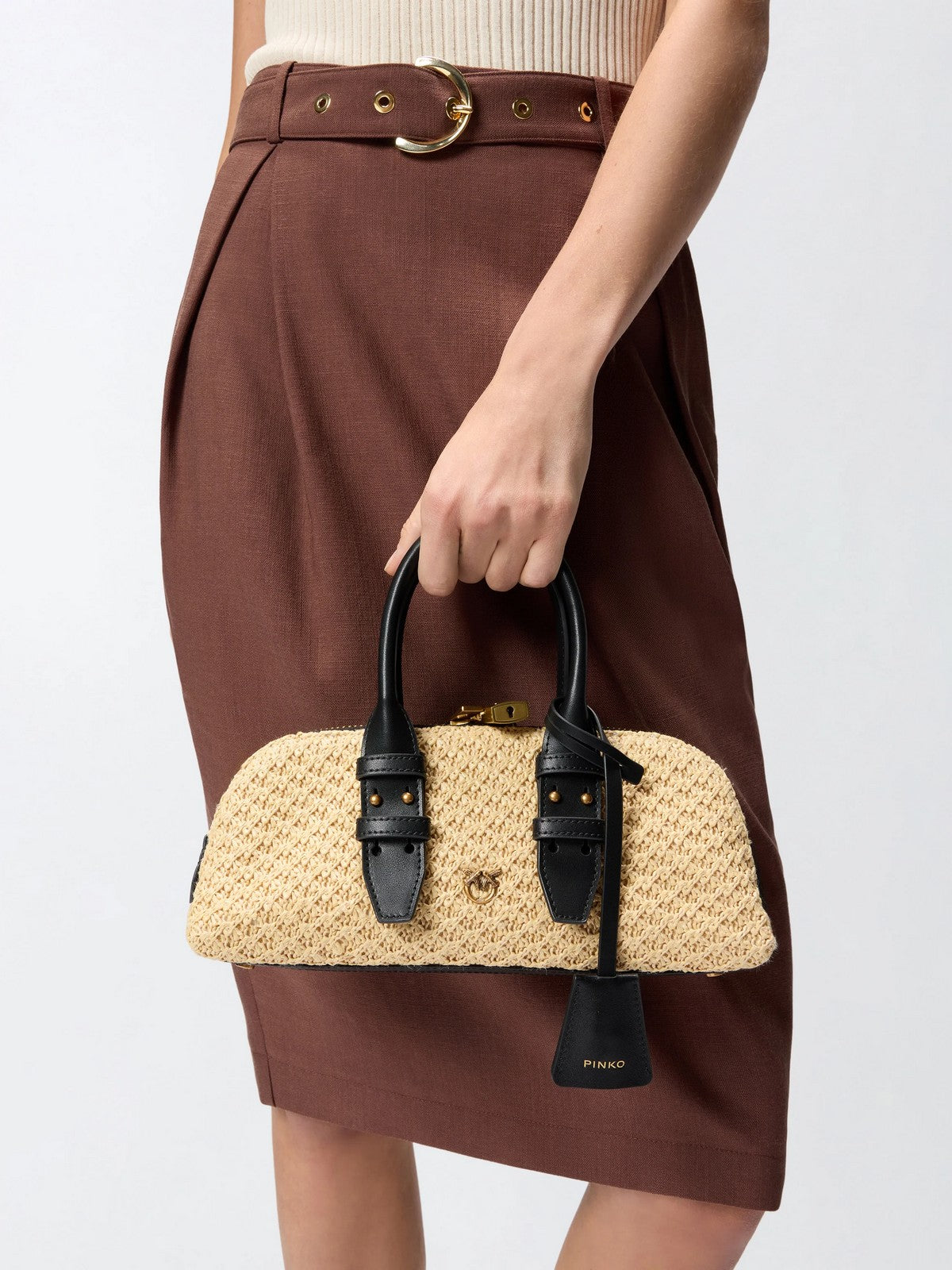 PINKO Borsa Donna BOWLING BAG HORIZONTAL RAFIA + 105334-A1RL C24Q RAFIA/NERO-ANTIQUE GOLD gioboutiqueweb