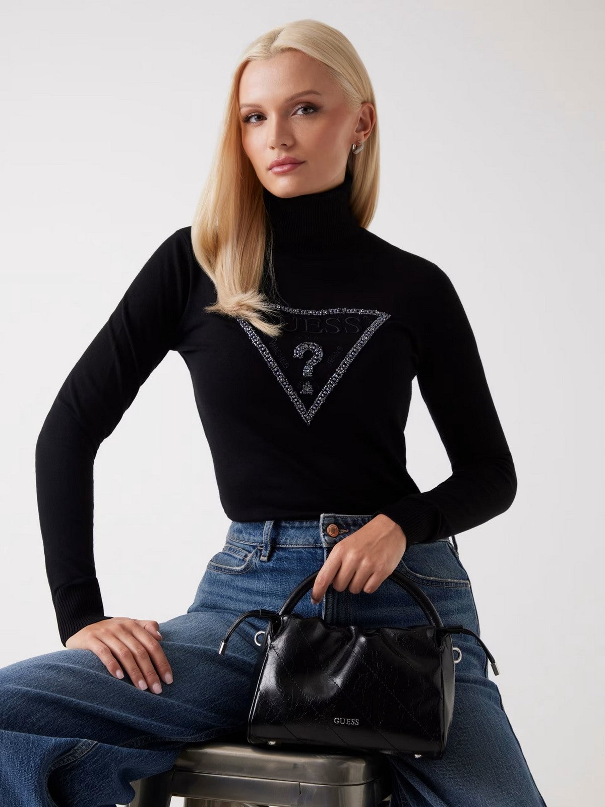 GUESS Maglione dolcevita Donna LS TN MELANIE TRIANGLE LOGO SW W5BR39 Z2NQ2 JBLK Jet Black A996 gioboutiqueweb
