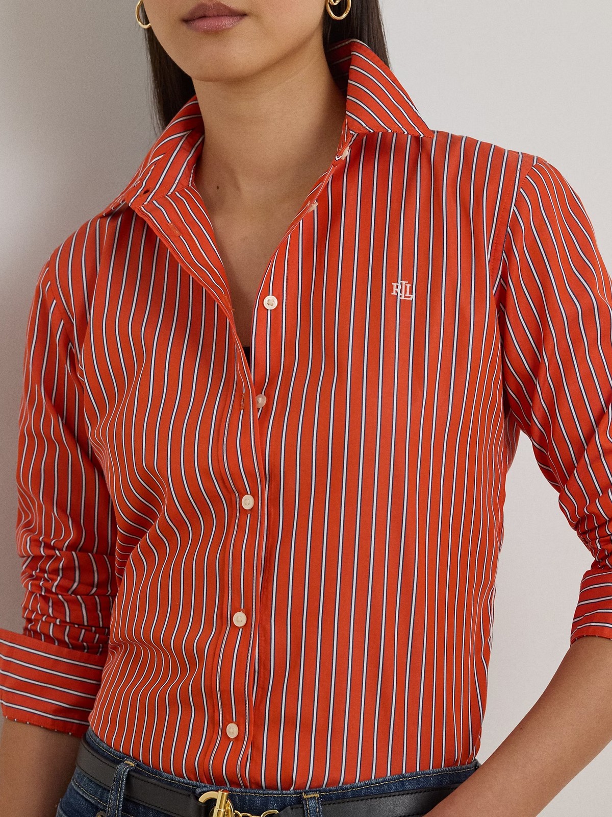LAUREN RALPH LAUREN Camicia Donna JAMELKO-LONG SLEEVE-BUTTON FRONT SHIRT 200P03511 001 ORANGE/BLUE/WHITE