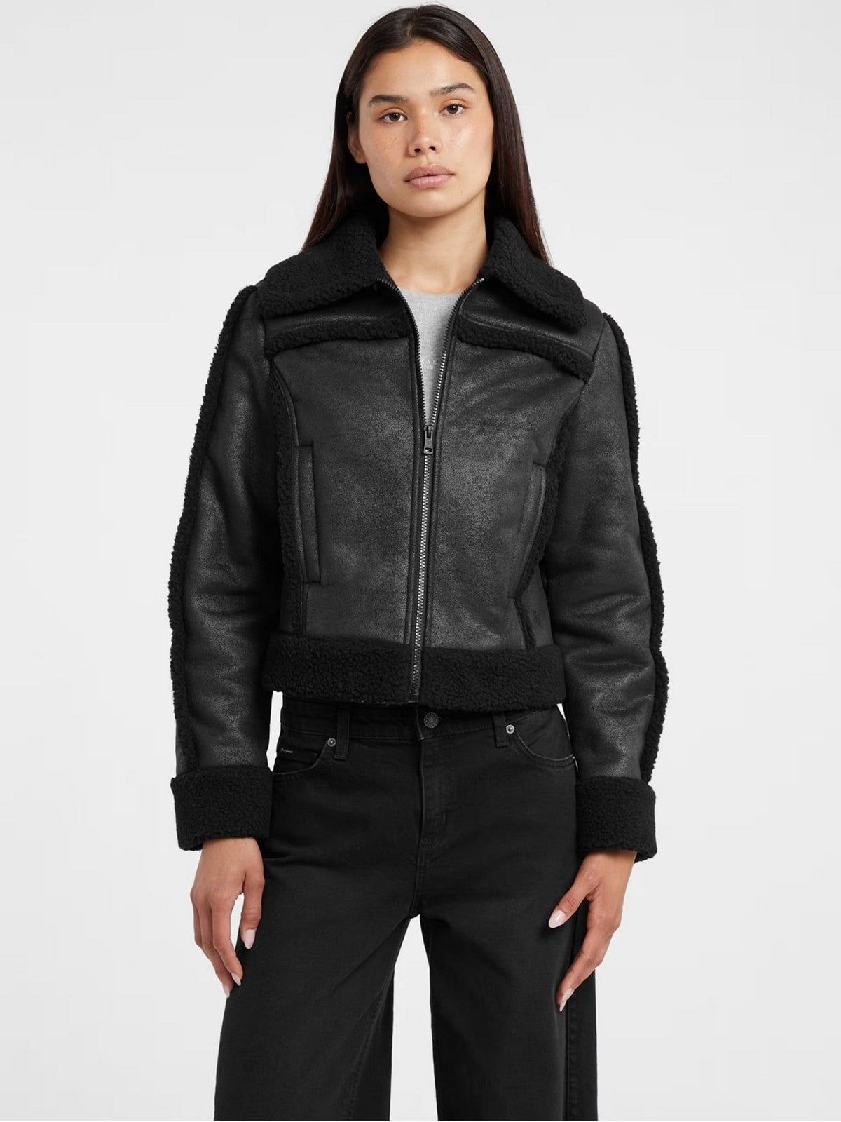 GUESS Giubbino Donna GJ FAUX SHEARLING JKT W5BL13 W1862 JBLK Jet Black A996