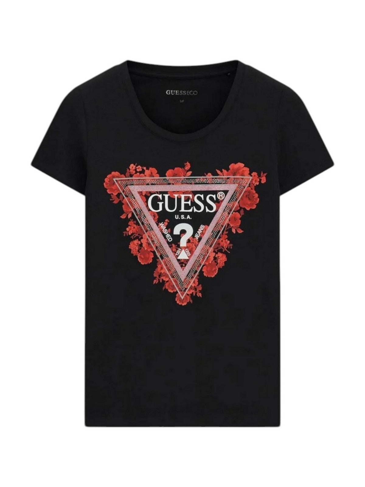 GUESS T-shirt Donna SS CN FLOWERS TRIANGLE TEE W6RI23 J1314 JBLK Jet Black A996 gioboutiqueweb
