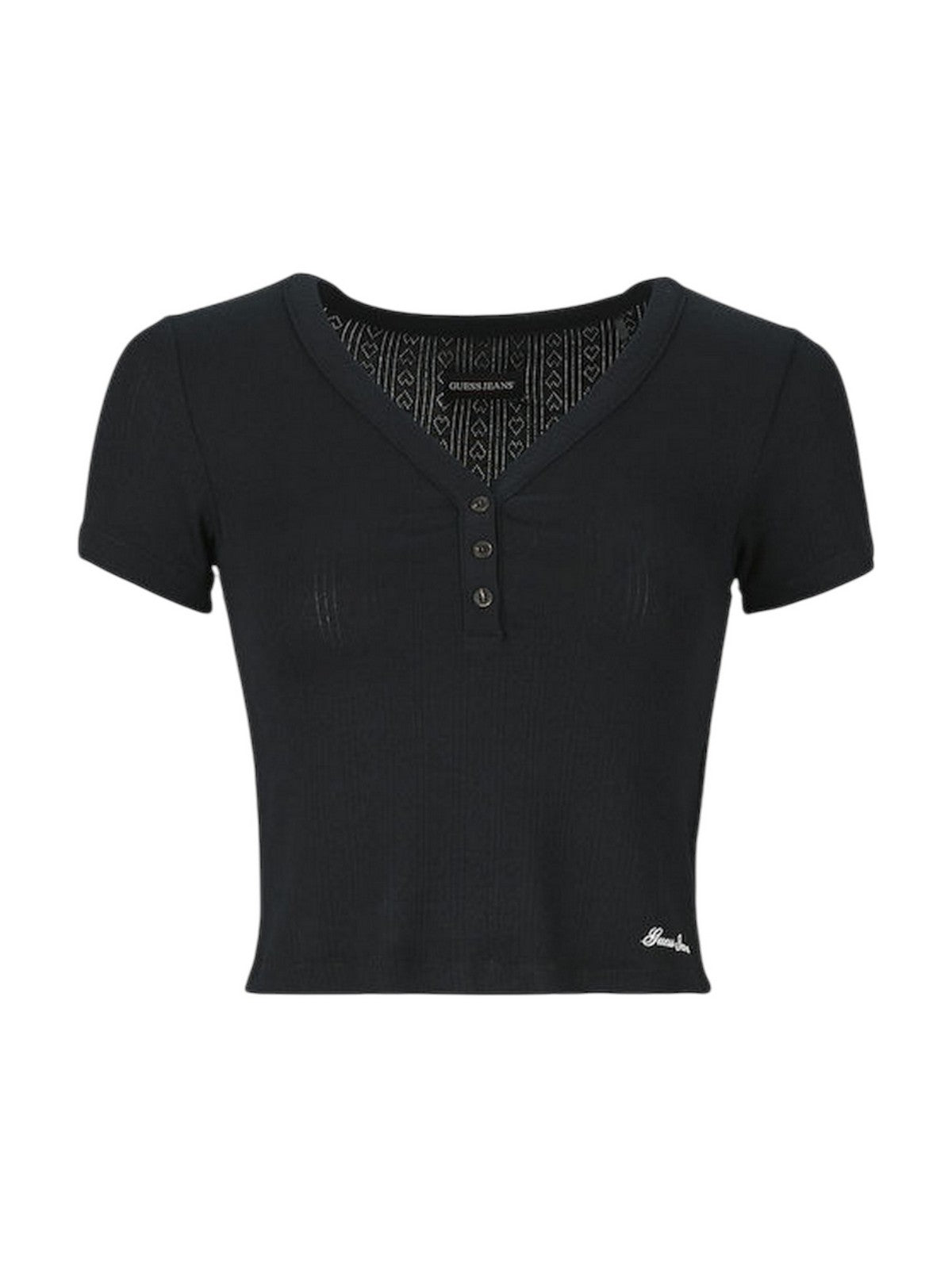 GUESS T-shirt Donna GJ POINTELLE SS HENLEY TOP W6GPB6 KG372 JBLK Jet Black A996 gioboutiqueweb