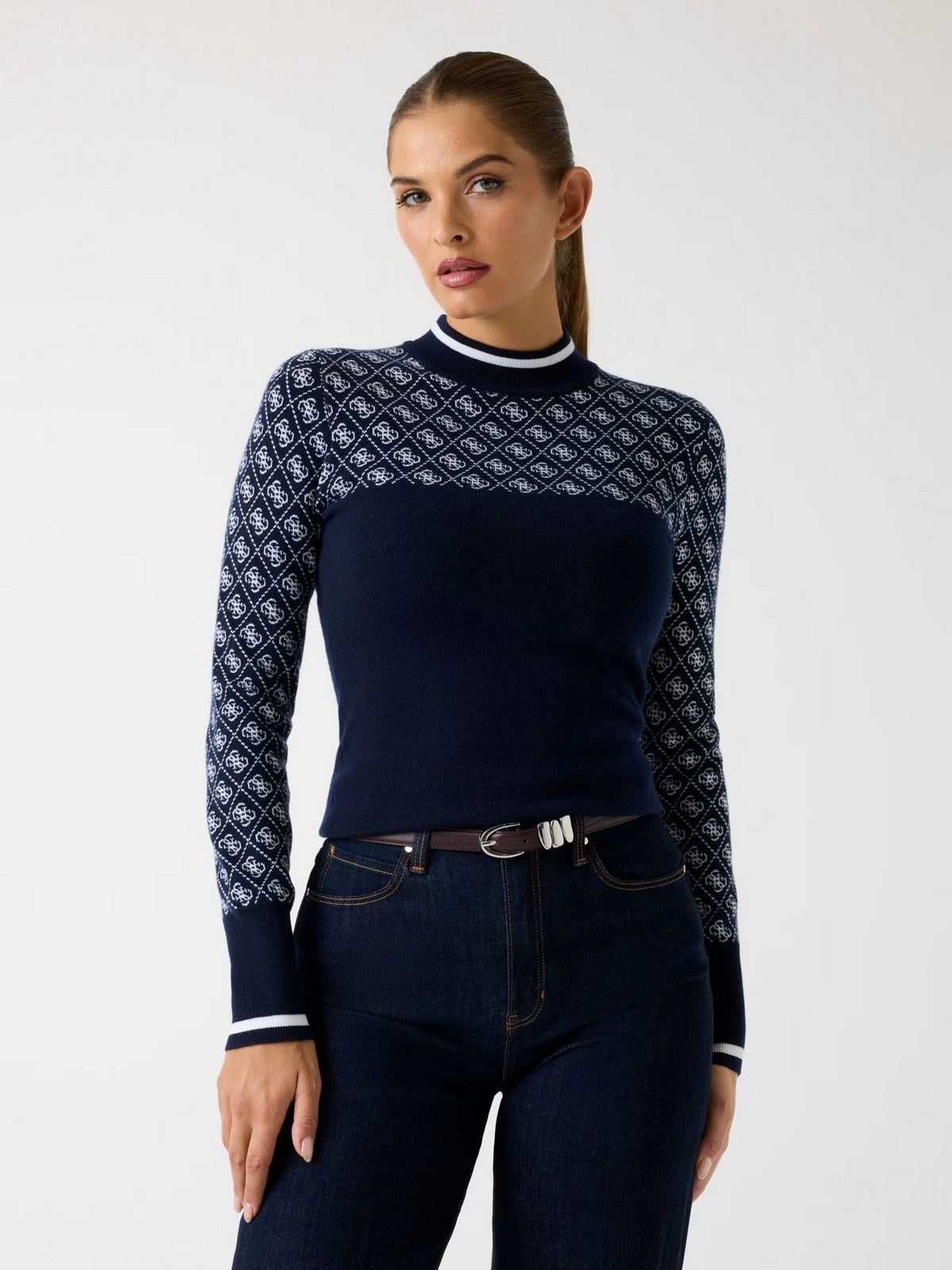 GUESS Maglione Donna LS MOCK NECK AUBREY 4G SWTR W5BR24 Z3JD2 FBDI 4G BLUE AND CREAM