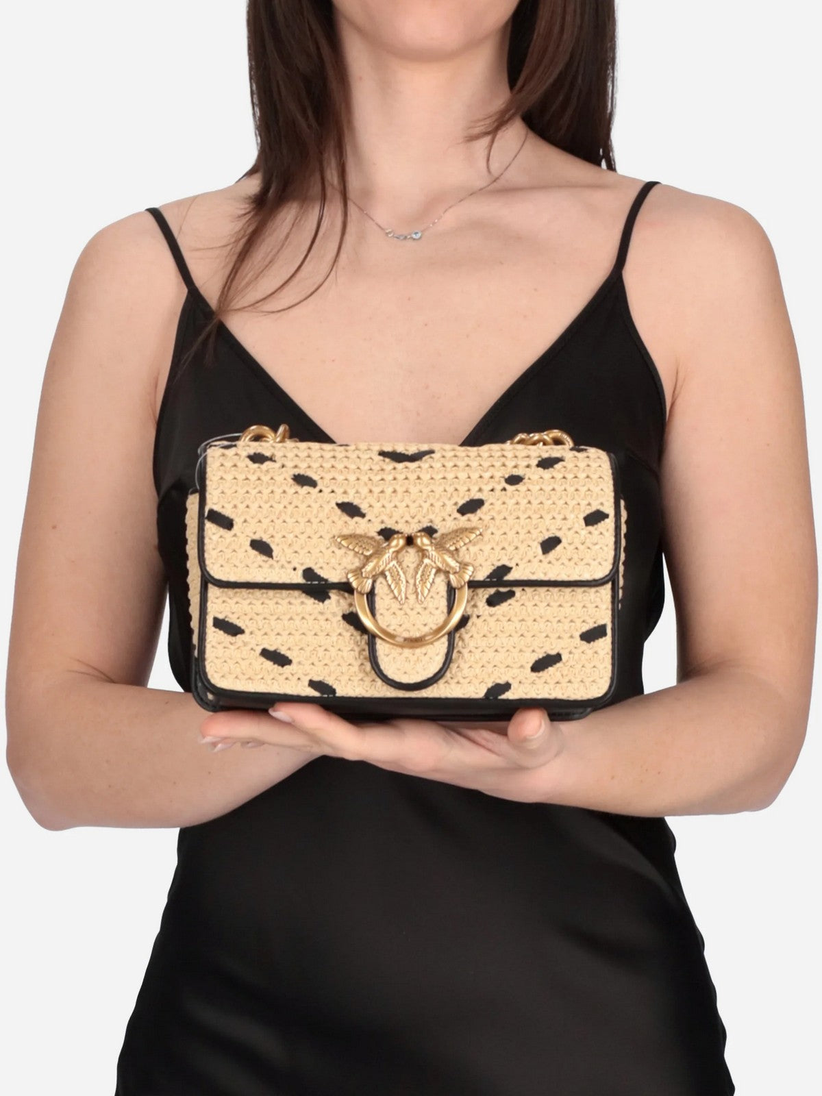 PINKO Borsa Donna LOVE ONE MINI LIGHT DC RAFIA + 104550-A1RL HZ3Q PAGLIA/NERO-ANTIQUE GOLD gioboutiqueweb