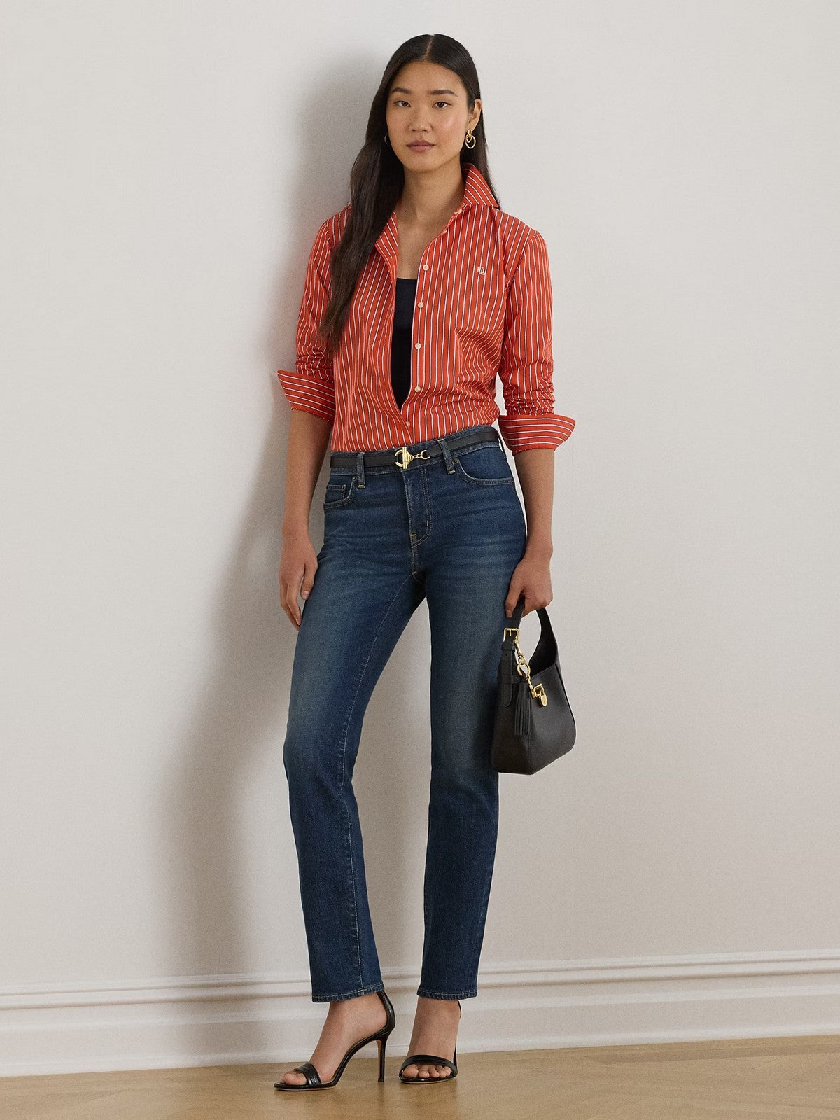 LAUREN RALPH LAUREN Camicia Donna JAMELKO-LONG SLEEVE-BUTTON FRONT SHIRT 200P03511 001 ORANGE/BLUE/WHITE