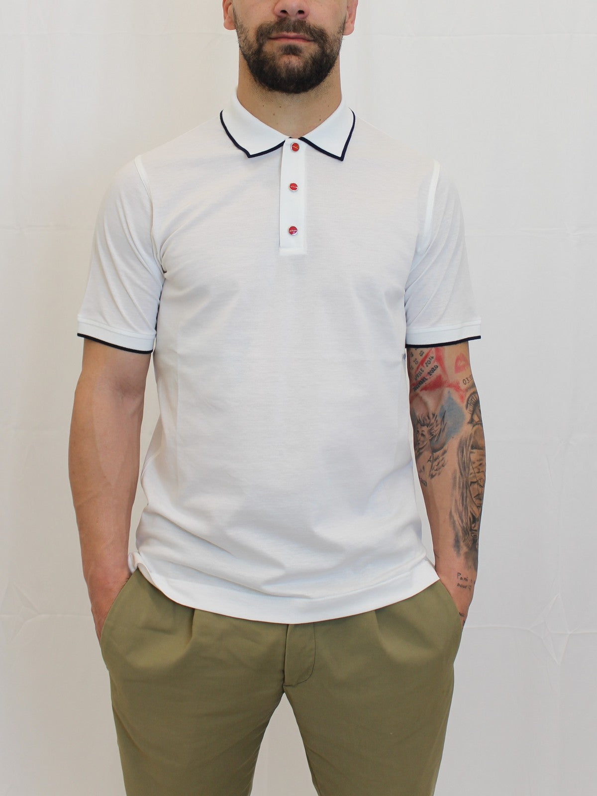 KITON Polo Uomo  UMK1369A0011002 WHITE/BLUE Bianco gioboutiqueweb