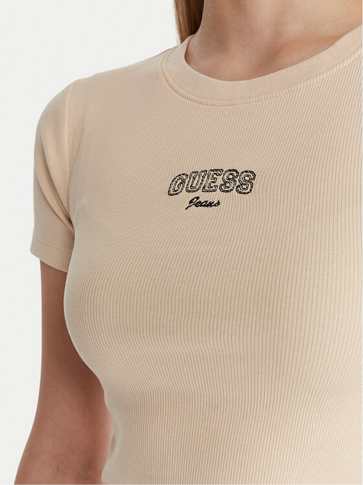 GUESS T-shirt Donna GJ SL CN EMBRO SLIM TEE W6RP21 KA0H1 G1W7 BISCOTTI gioboutiqueweb