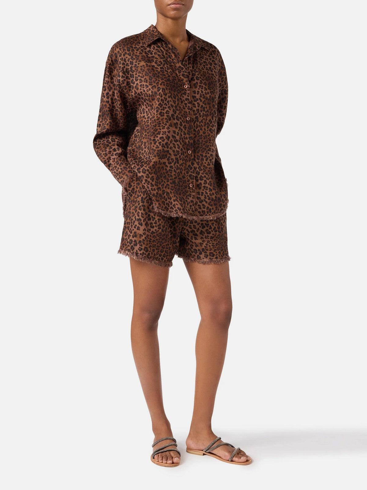 MC2 SAINT BARTH Camicia Donna  CRISTAL 07842L LINEN SAND LEOPARD 19 FRINGE gioboutiqueweb