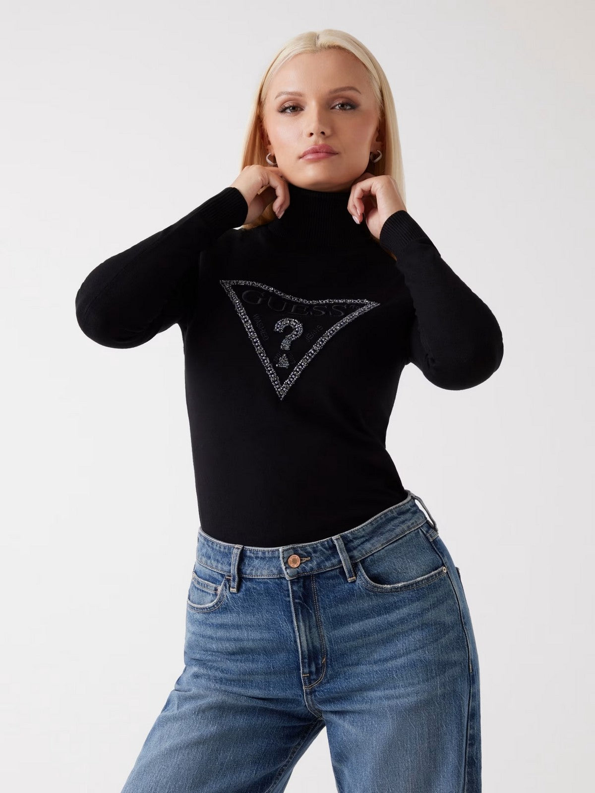 GUESS Maglione dolcevita Donna LS TN MELANIE TRIANGLE LOGO SW W5BR39 Z2NQ2 JBLK Jet Black A996 gioboutiqueweb