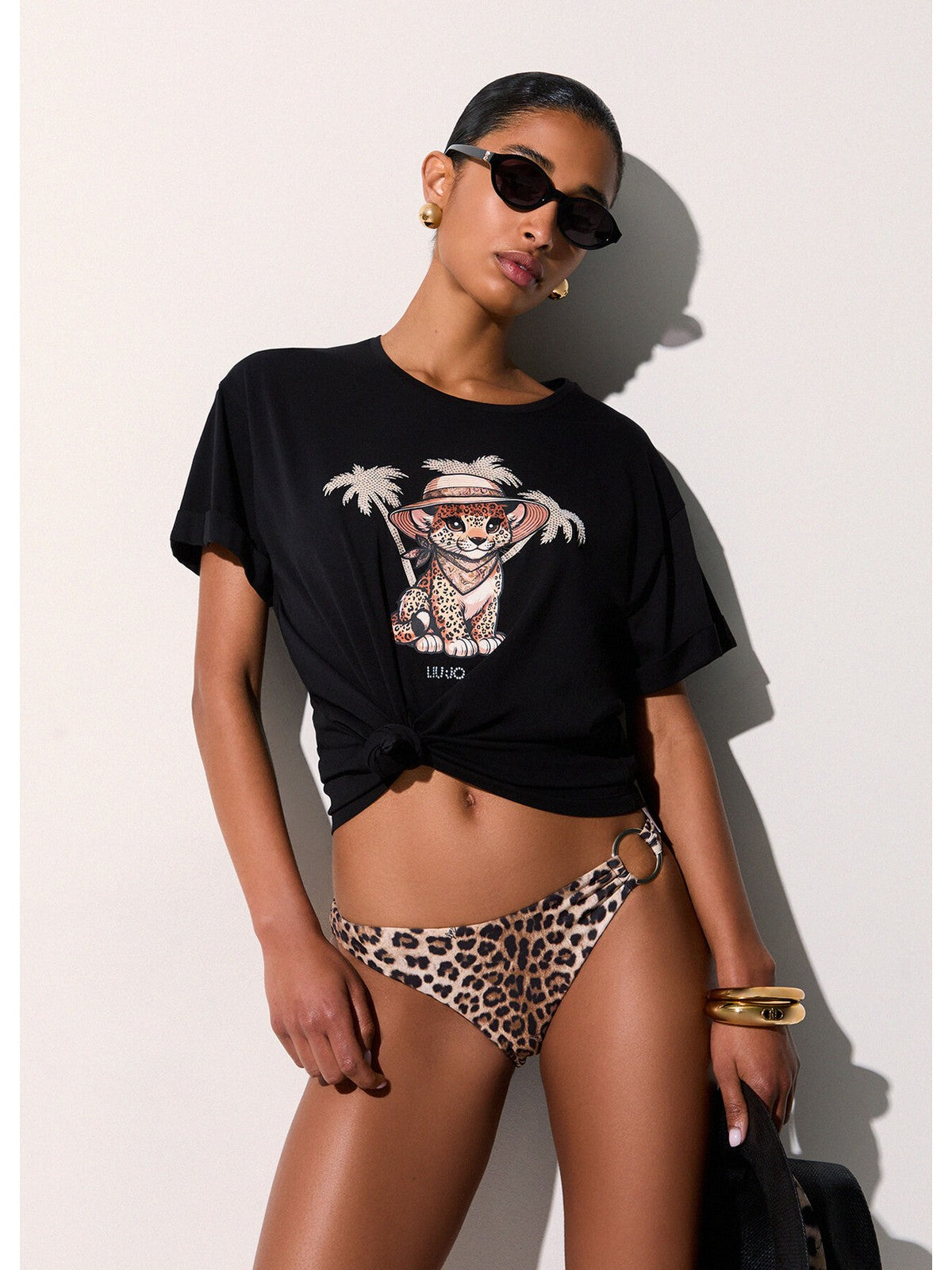 LIU JO BEACHWEAR T-shirt Donna  VA6170JS003 P9494 Nero/small leopard gioboutiqueweb