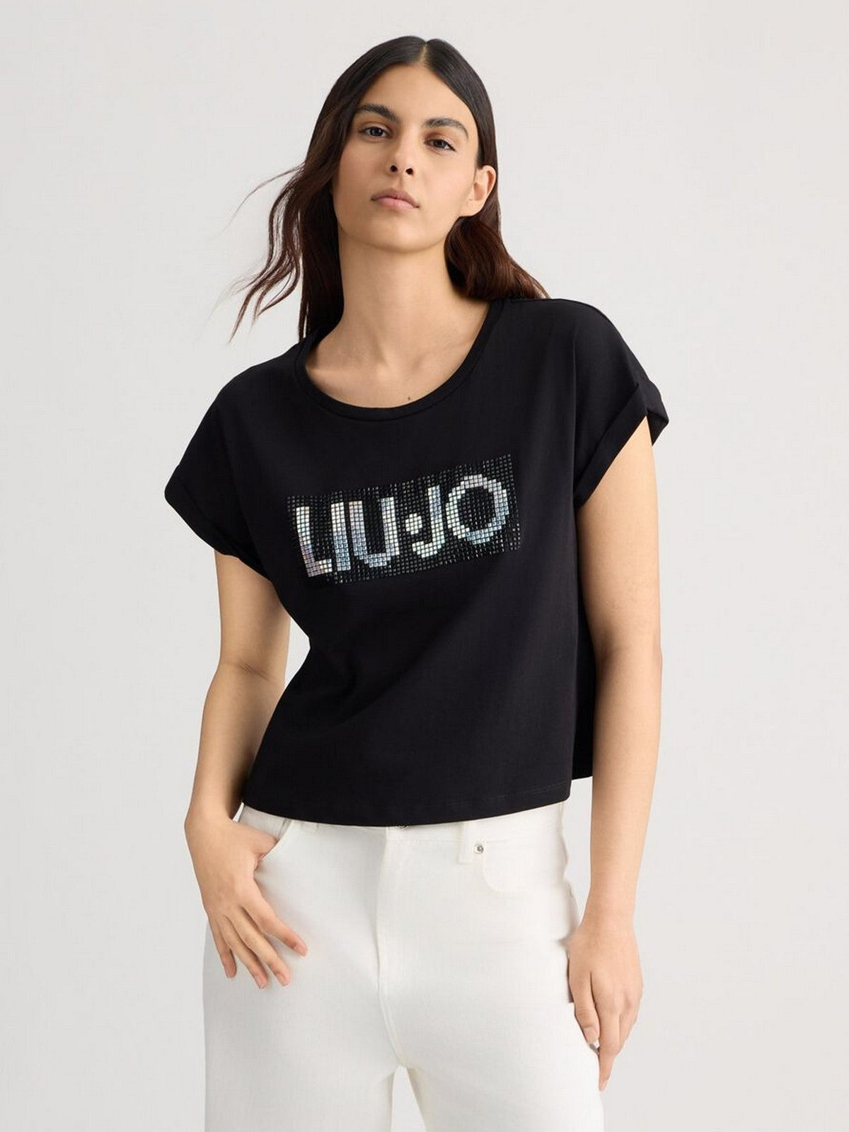 LIU JO BEACHWEAR T-shirt Donna  VA5151JS923 N9241 Nero/strass bicolor gioboutiqueweb