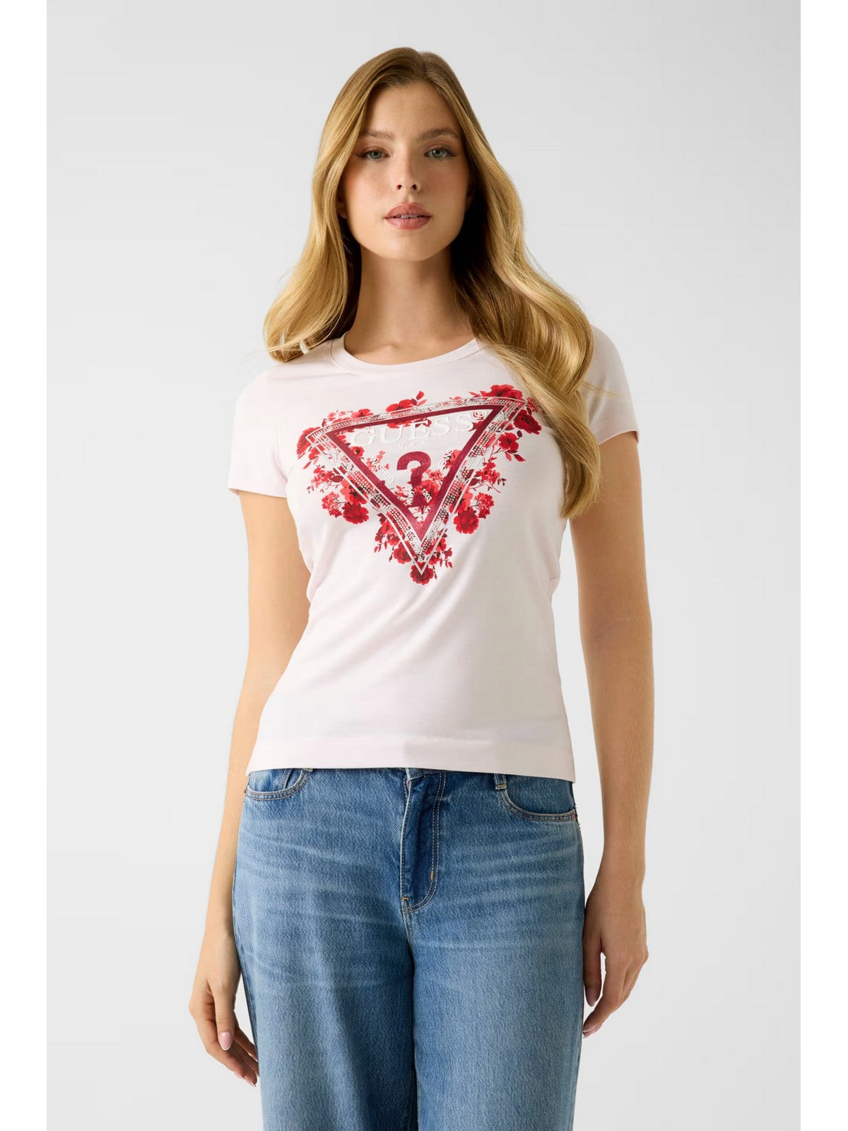 GUESS T-shirt Donna SS CN FLOWERS TRIANGLE TEE W6RI23 J1314 A627 DELICATE PINK gioboutiqueweb