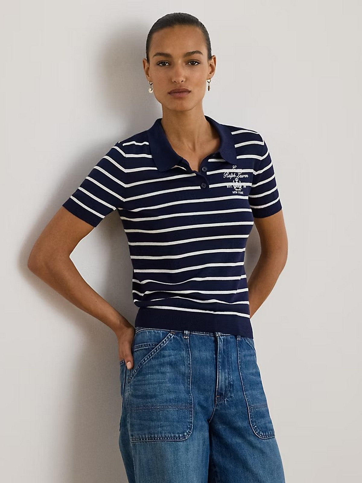 LAUREN RALPH LAUREN Damska koszulka polo NATRISSA-KRÓTKI RĘKAW-PULLOVER 200P03506 002 REFINED GRANATOWY/BIAŁY