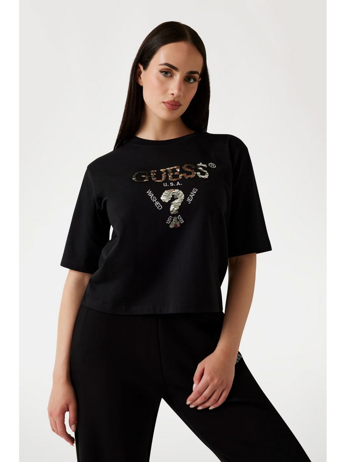GUESS SPORT T-shirt Donna AURELIE BOXY TEE V4YI06 I3Z14 FJ8N BLACK AND SALT MULTI gioboutiqueweb