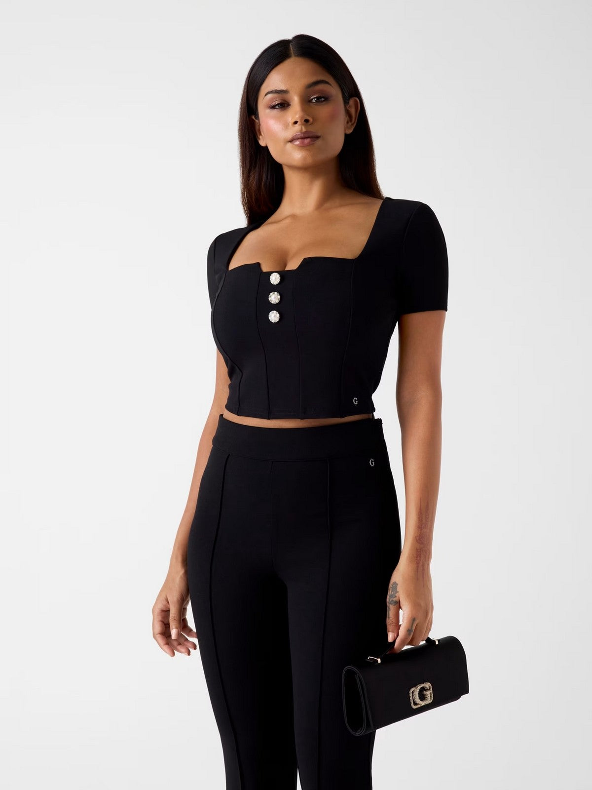 GUESS Top Donna SS SQUARE NK EVELINA TOP W6RP08 KCBO2 JBLK Jet Black A996