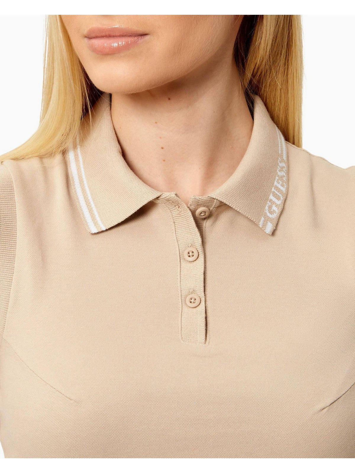 GUESS SPORT Canotta Donna SARAH SLEEVELESS POLO V6GP03 K2958 G1BW SAND TAN gioboutiqueweb