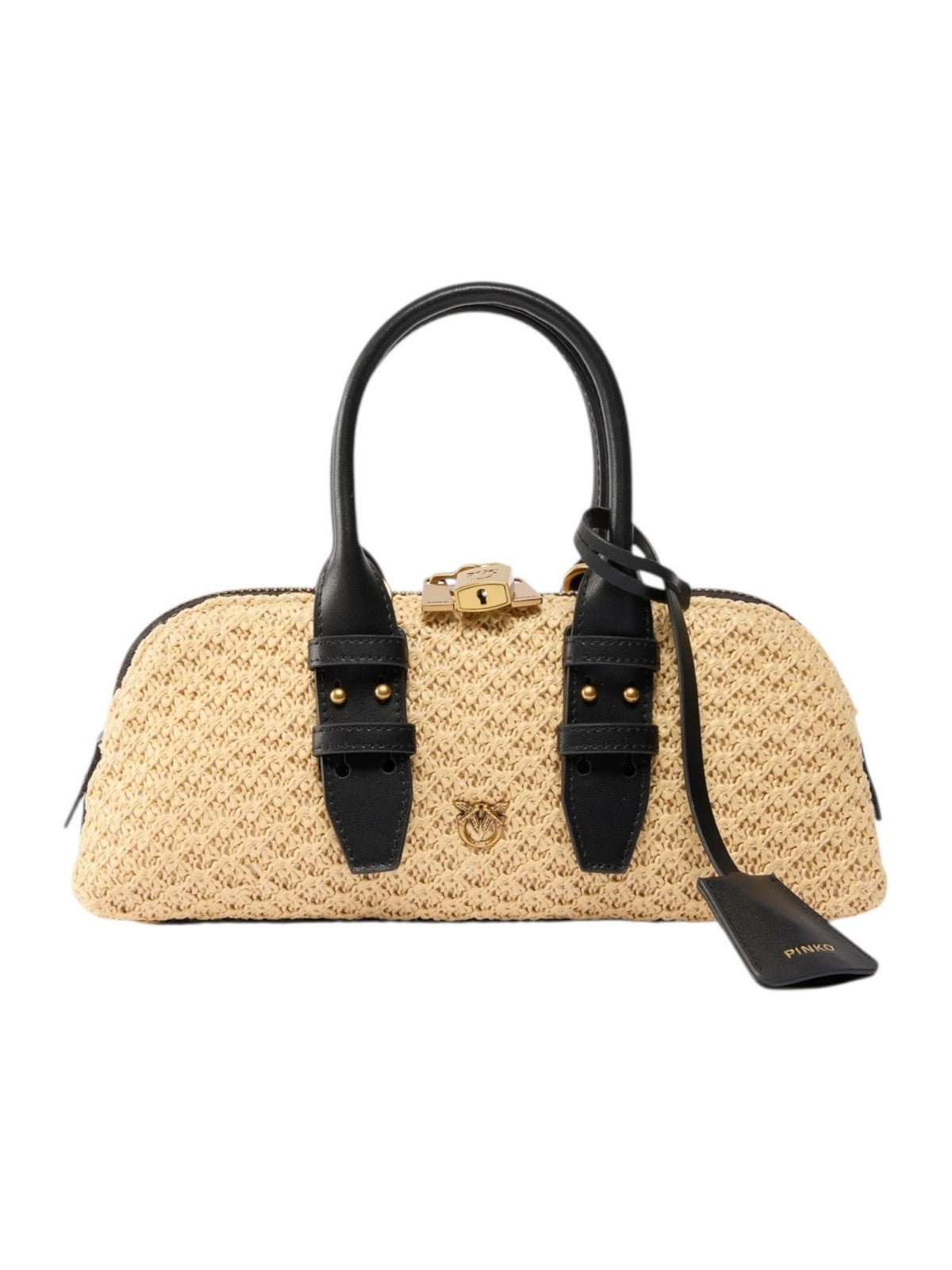 PINKO Borsa Donna BOWLING BAG HORIZONTAL RAFIA + 105334-A1RL C24Q RAFIA/NERO-ANTIQUE GOLD gioboutiqueweb