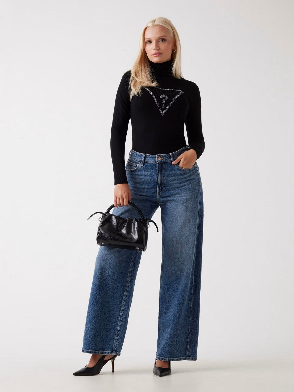 GUESS Maglione dolcevita Donna LS TN MELANIE TRIANGLE LOGO SW W5BR39 Z2NQ2 JBLK Jet Black A996 gioboutiqueweb