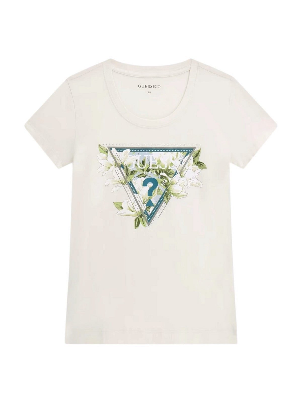 GUESS T-shirt Donna SS CN CAMELIA TRIANGLE TEE W6RI35 J1314 G012 CREAM WHITE gioboutiqueweb