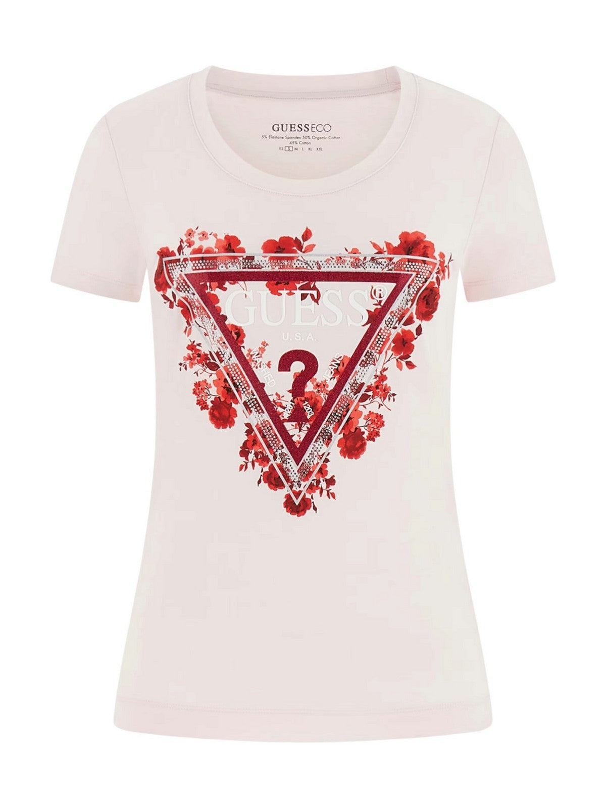 GUESS T-shirt Donna SS CN FLOWERS TRIANGLE TEE W6RI23 J1314 A627 DELICATE PINK gioboutiqueweb